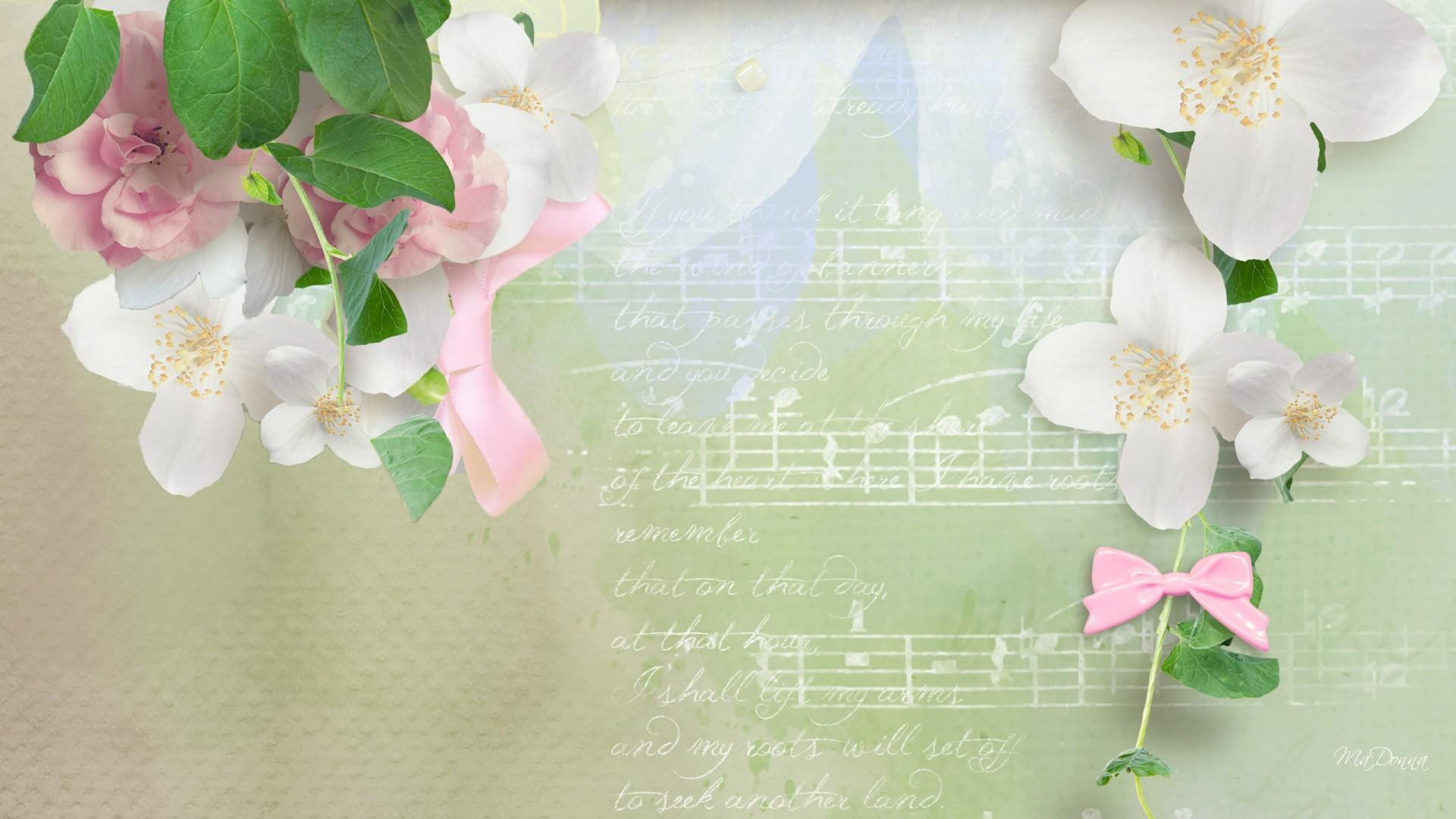 summer, flowers, 1080P, pale, white, love, notes, spring, score, blossoms, music, sakura, pink, song, fleurs, light, petaled, musical, HD Wallpaper