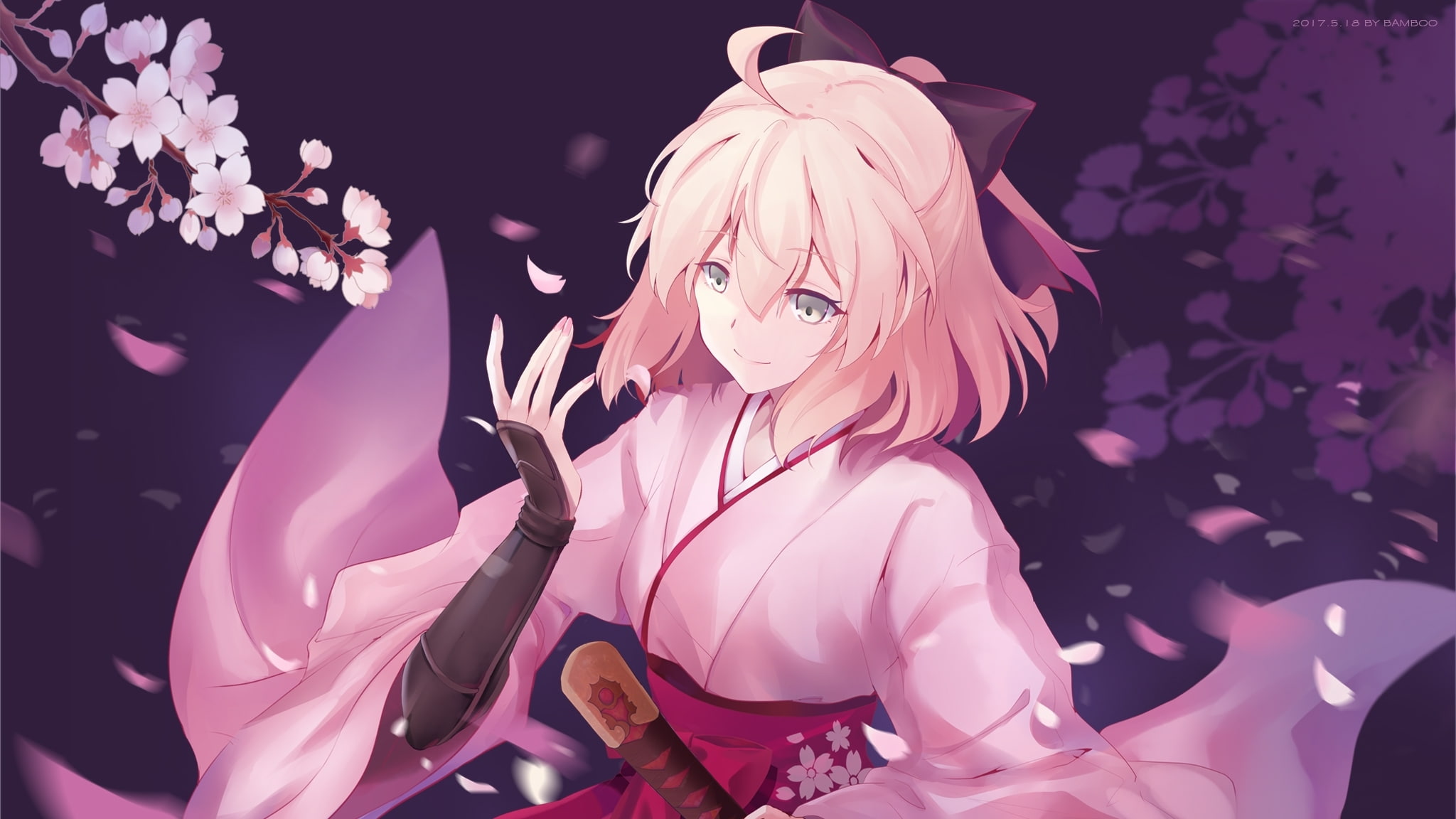 art and craft, night, studio shot, looking at camera, fate series, pink color, young adult, kimono, beauty, 1080P, portrait, nature, katana, adult, costume, HD Wallpaper