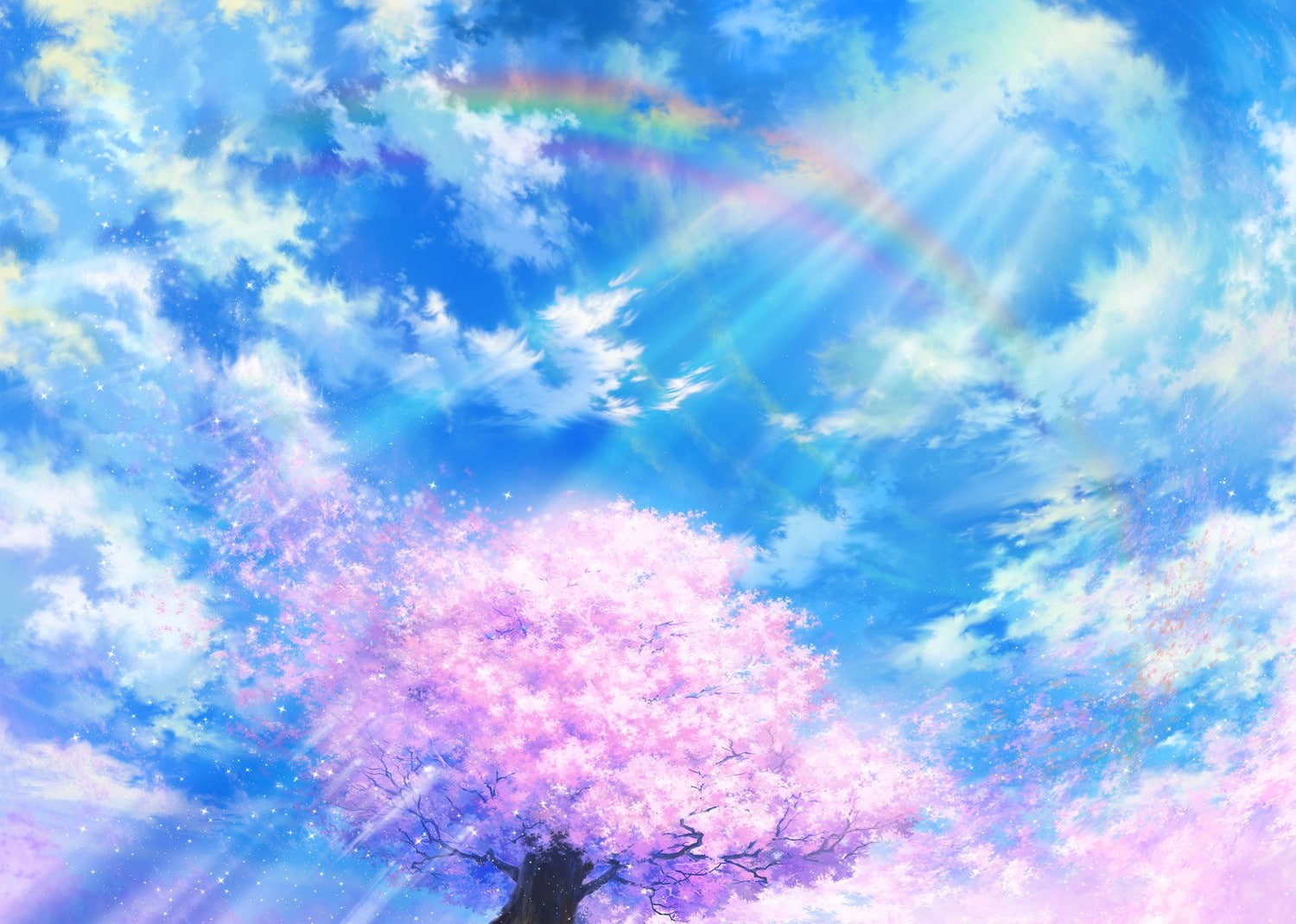 Sun Rays, 720P, Cherry Blossom, sky, clouds, rainbows, HD Wallpaper