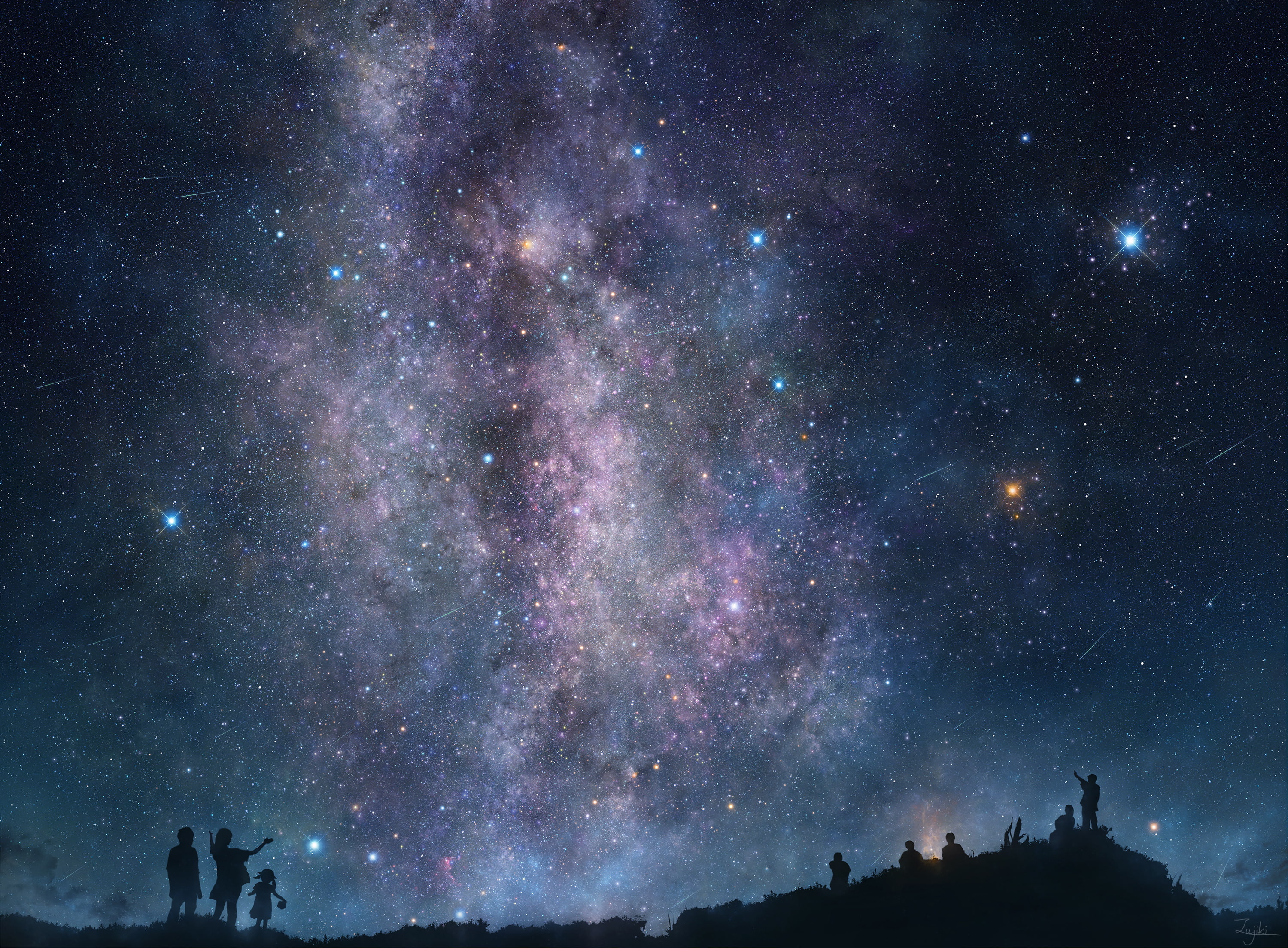 art, night, the sky, stars, silhouette, 2K, people, tsujiki, HD Wallpaper