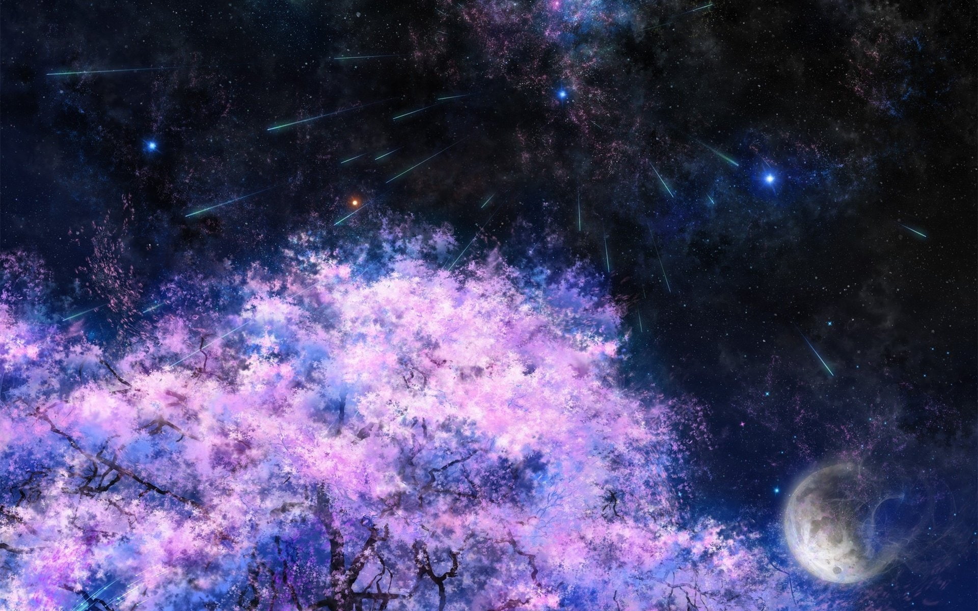 exploding, marine, Tsujiki, star - space, Star, illuminated, space exploration, beauty in nature, purple, blue, sky, Moon, night, glowing, pink color, tree, HD Wallpaper