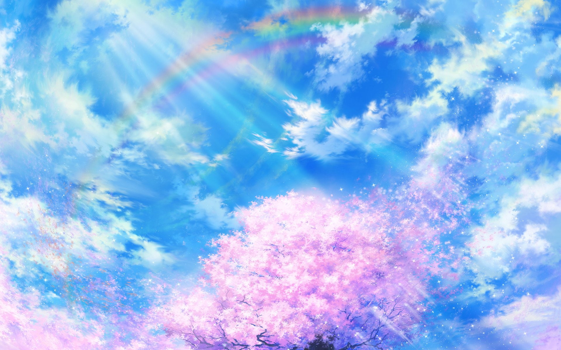 clouds, 1080P, nature, rainbow, cherry, Tsujiki, art, sky, HD Wallpaper