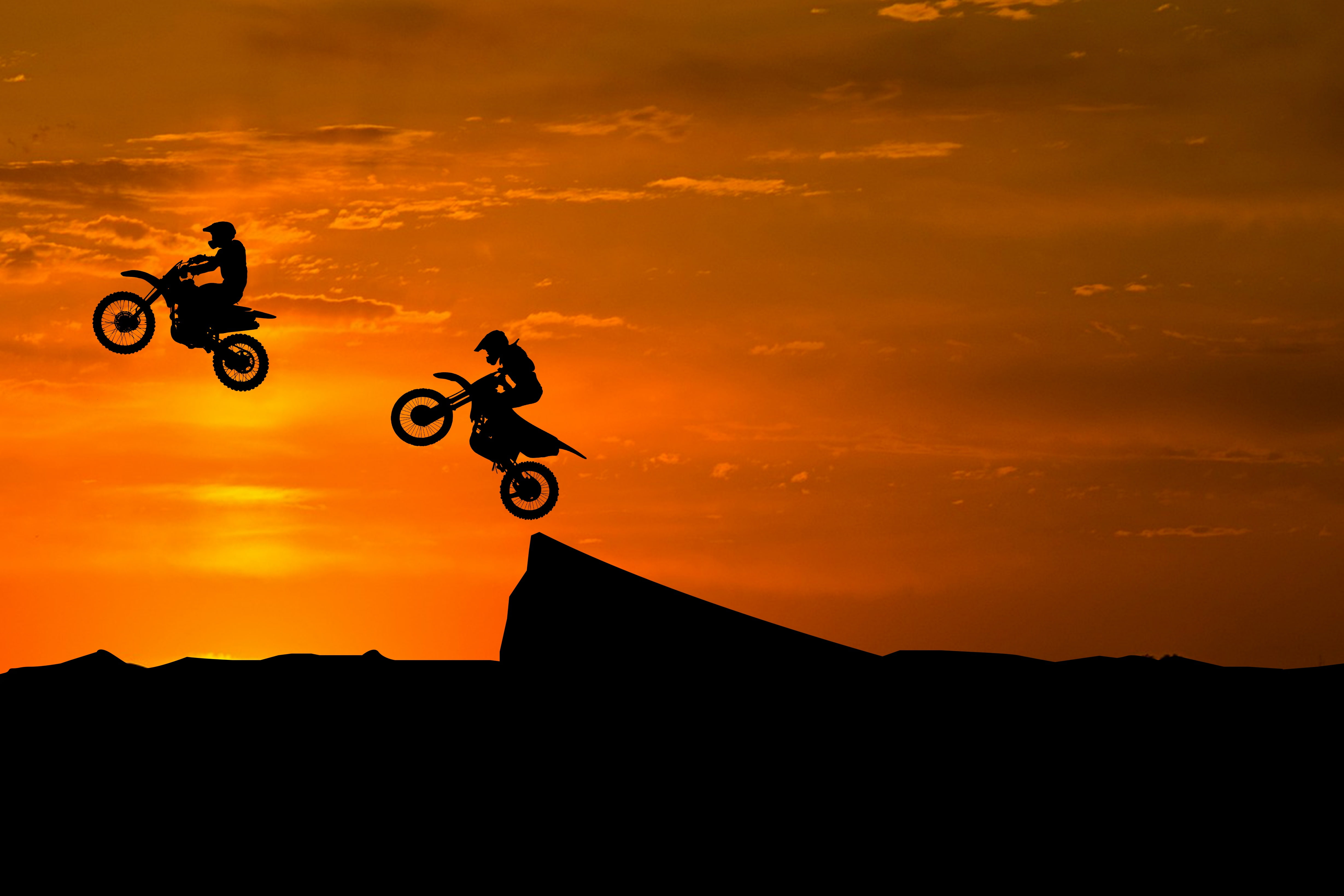 Silhouette, Off-roading, 4K, Stunts, 4K, Sunset, Dirt Bikes, Motocross, HD Wallpaper