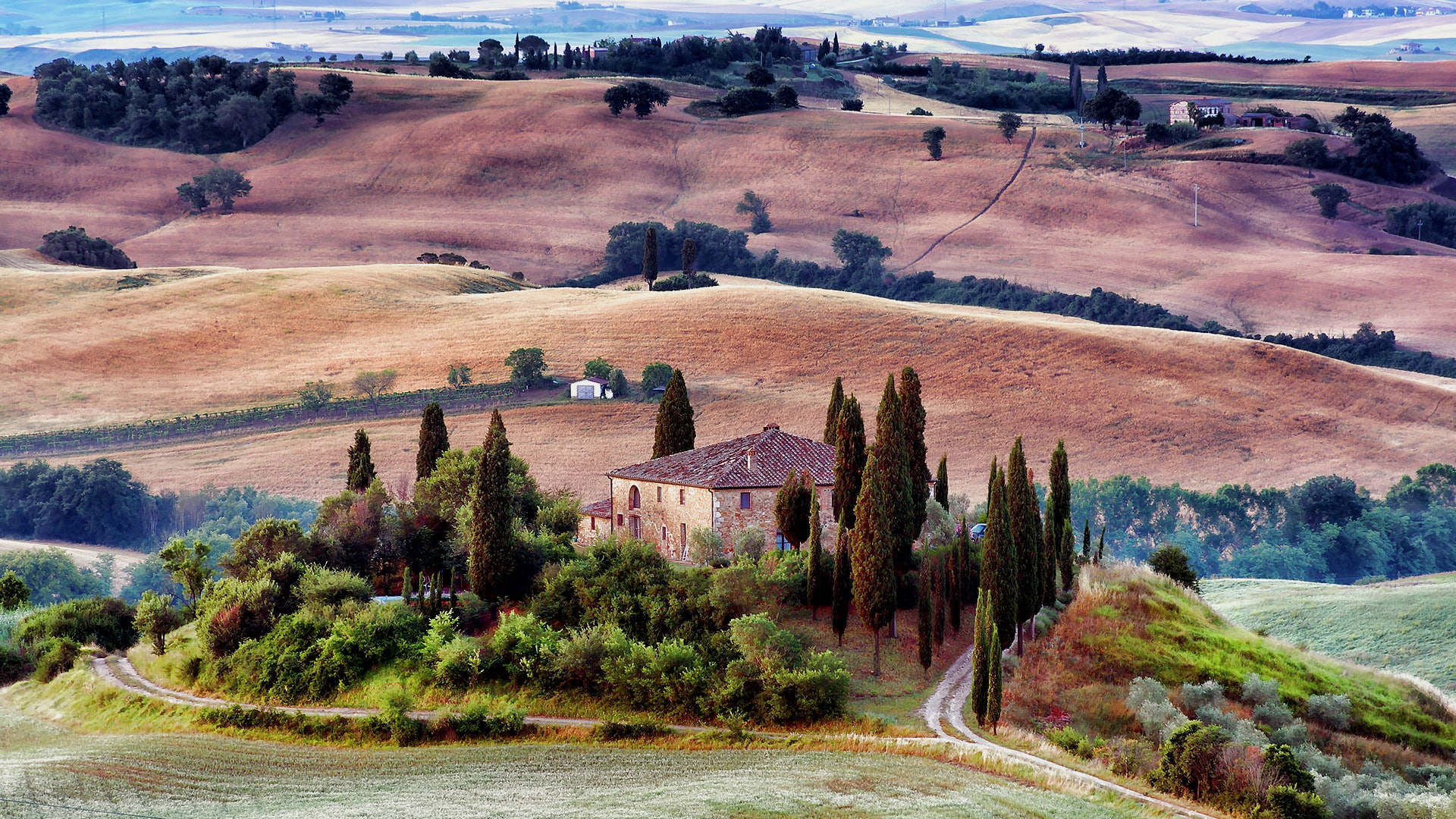 cypresses, italy, valdorcia, countryside, tuscany, podere belvedere, cypress, val dorcia, autumn, hills, hill, scenery, 1080P, house, villa podere belvedere, HD Wallpaper