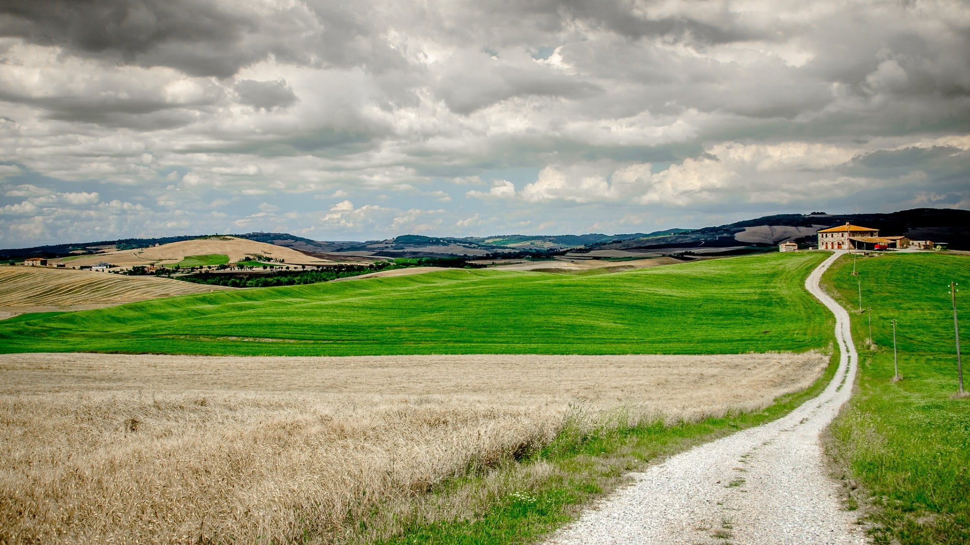 house, landscape, hills, grass, Tuscany, clouds, field, trees, nature, Italy, 1080P, dirt road, HD Wallpaper