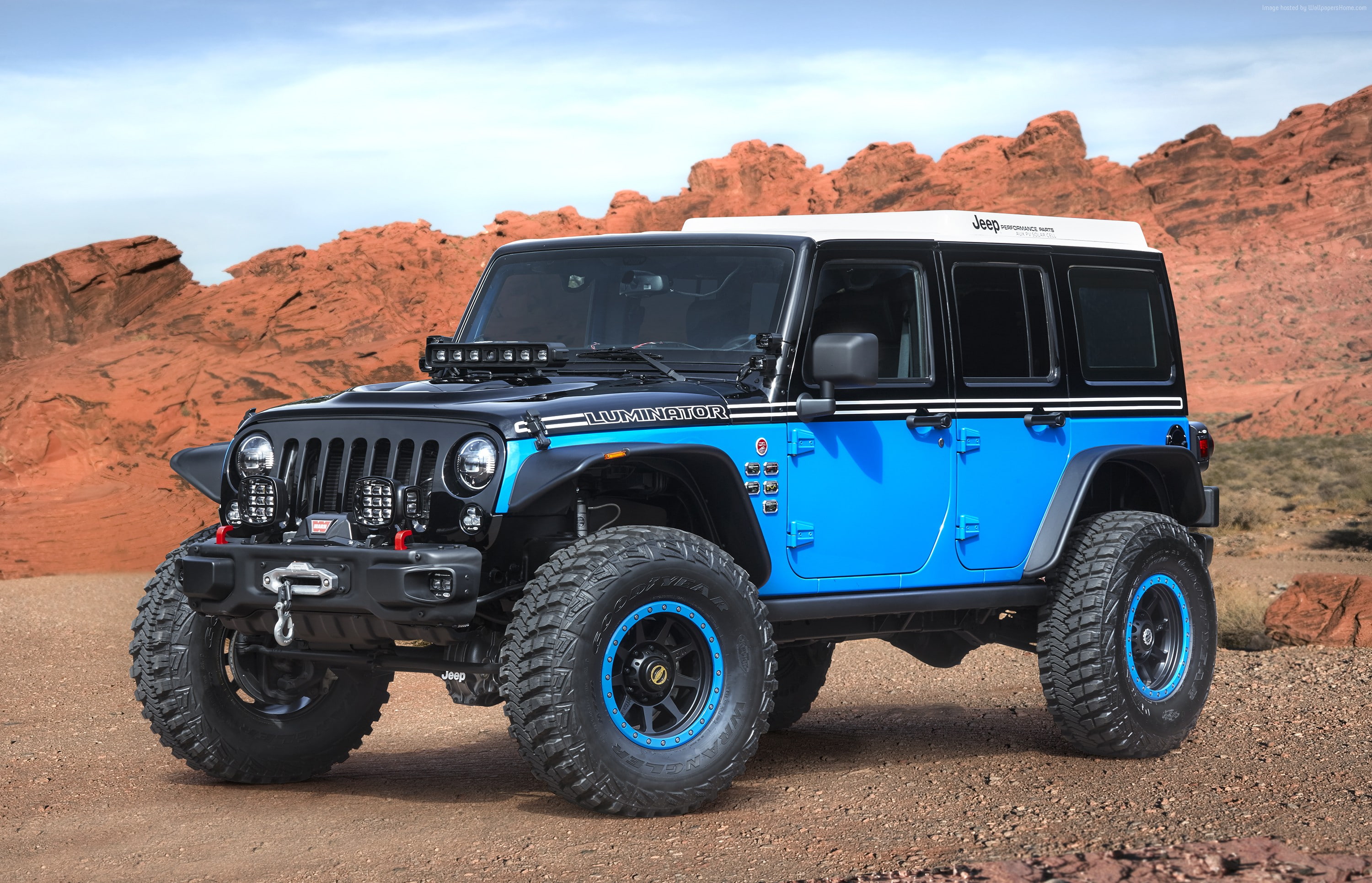 blue, arid climate, off-road vehicle, sky, nature, rock, day, sunlight, mountain, Jeep Wrangler, transportation, Jeep Luminator, mode of transportation, HD Wallpaper