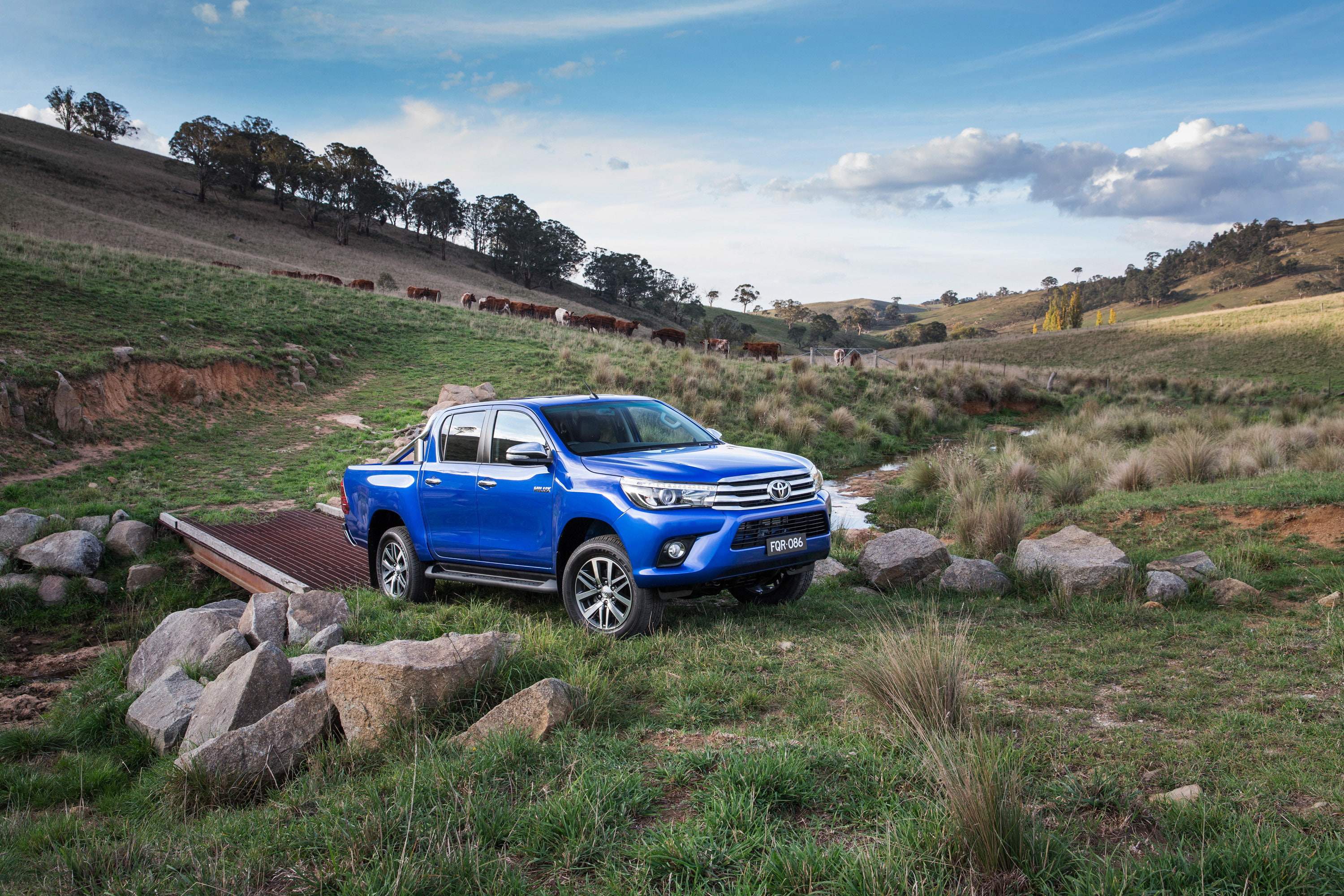 sky, pickup, nature, grass, motor vehicle, tranquil scene, Toyota, landscape, Double Cab, stationary, no people, truck, jeep, car, 2015, crew, Hilux, transportation, HD Wallpaper
