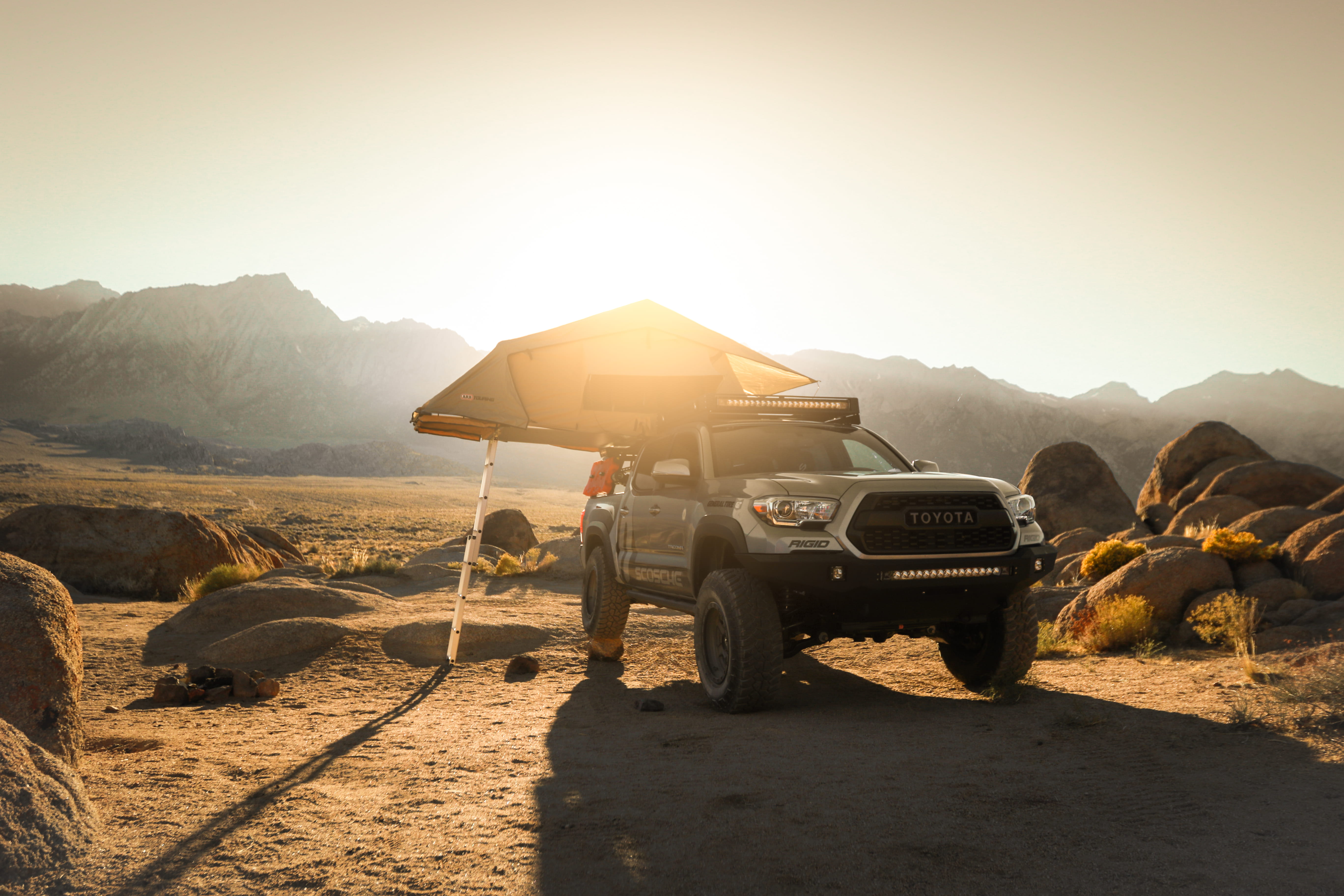 camburg tacoma, field, transportation, sunlight, transportation system, rocks, environment, scenics - nature, land vehicle, pick up, mountain range, nature, HD Wallpaper