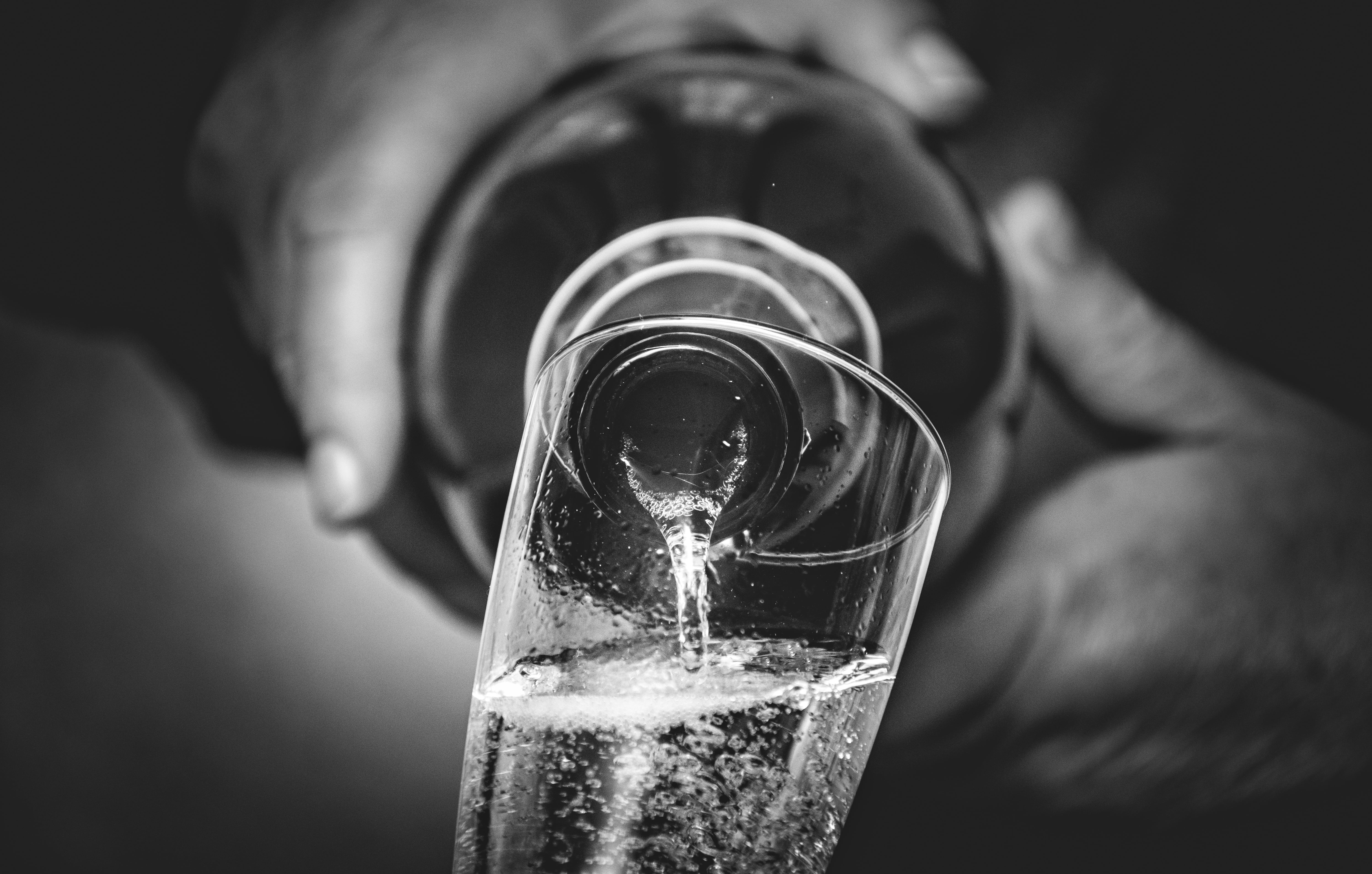 pour, drinking glass, sparkling wine, adult, focus on foreground, human body part, bottles, 5K, filling, bottle, labels, food and drink, indoors, eat, HD Wallpaper