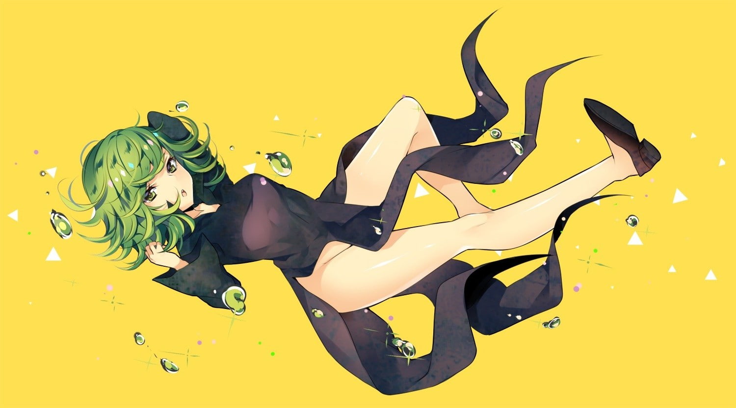 yellow background, shoe, yellow, mammal, insect, pattern, indoors, high heels, fashion, choice, 720P, invertebrate, animal themes, green hair one punch man tatsumaki green eyes, HD Wallpaper