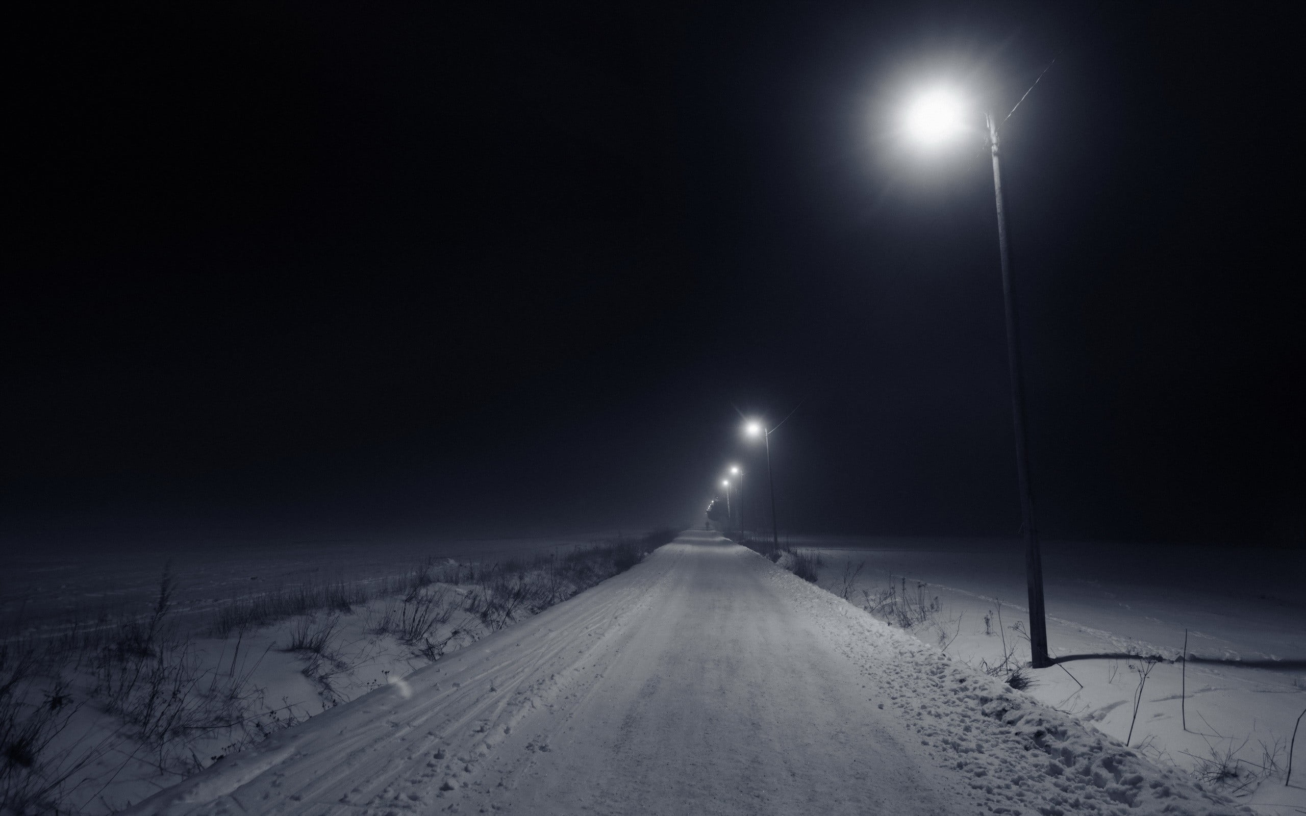 nature, moonlight, 2K, full moon, road, scenics - nature, snowing, lighting equipment, street, snow, outdoors, photography, no people, the way forward, HD Wallpaper