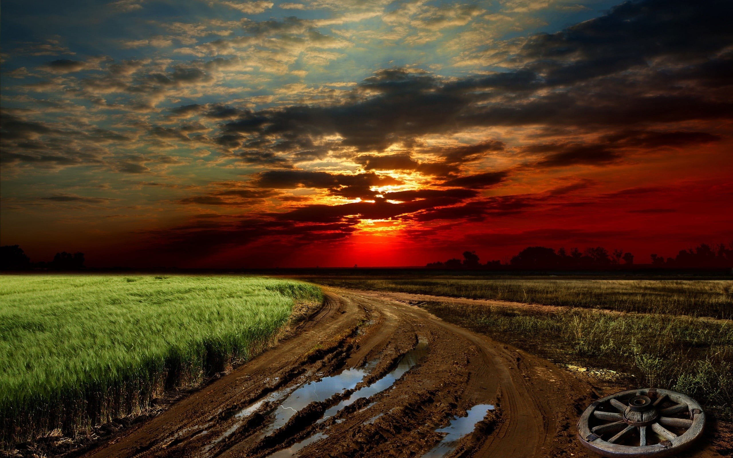painting, beauty in nature, sky, cloud - sky, landscape, road, sunset, land, nature, rural scene, idyllic, orange color, environment, plant, field, outdoors, HD Wallpaper
