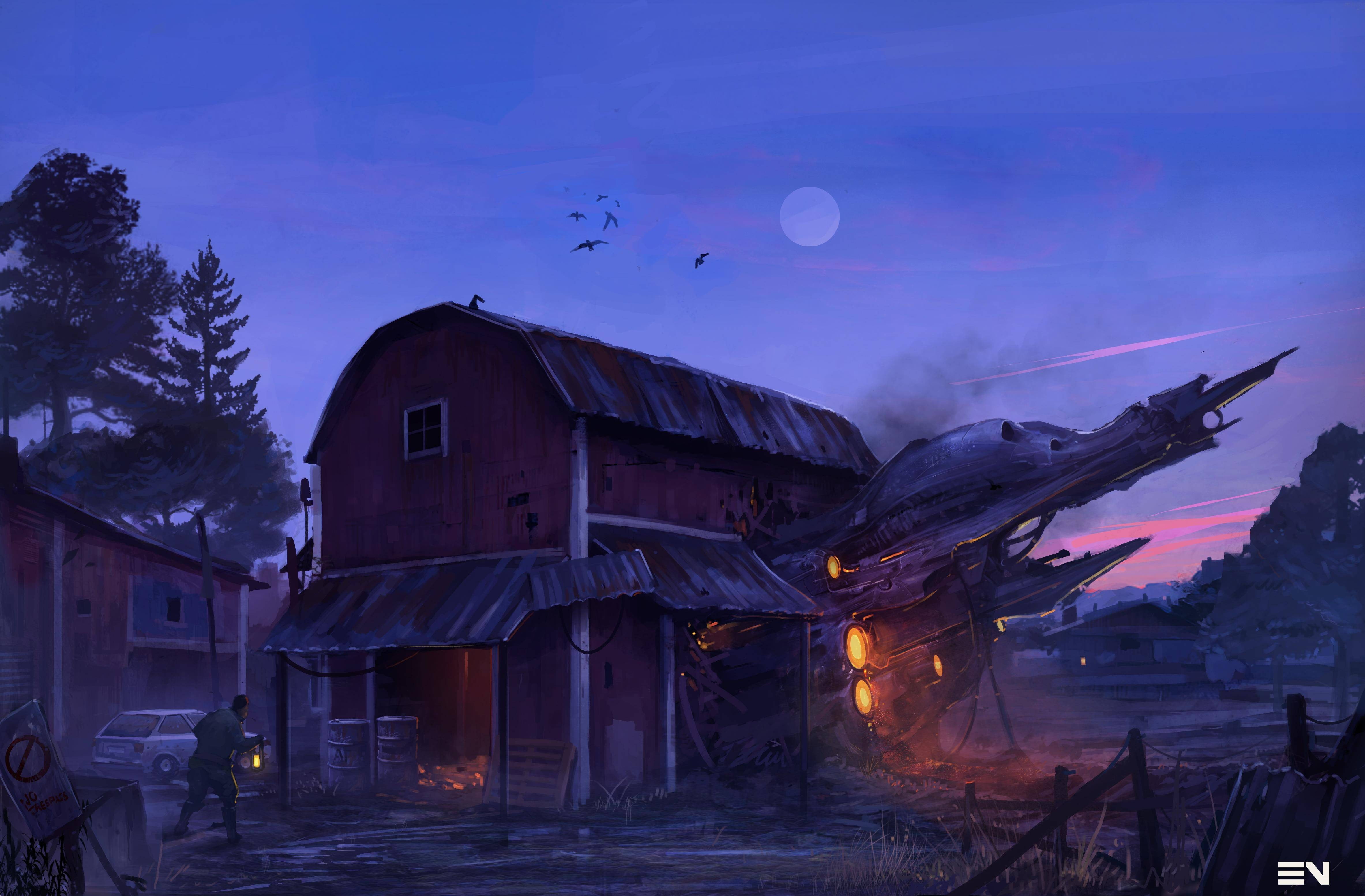 architecture, 4K, digital art, no people, abandoned, building exterior, sky, brown, air vehicle, full moon, science fiction, barn, night, mode of transportation, HD Wallpaper