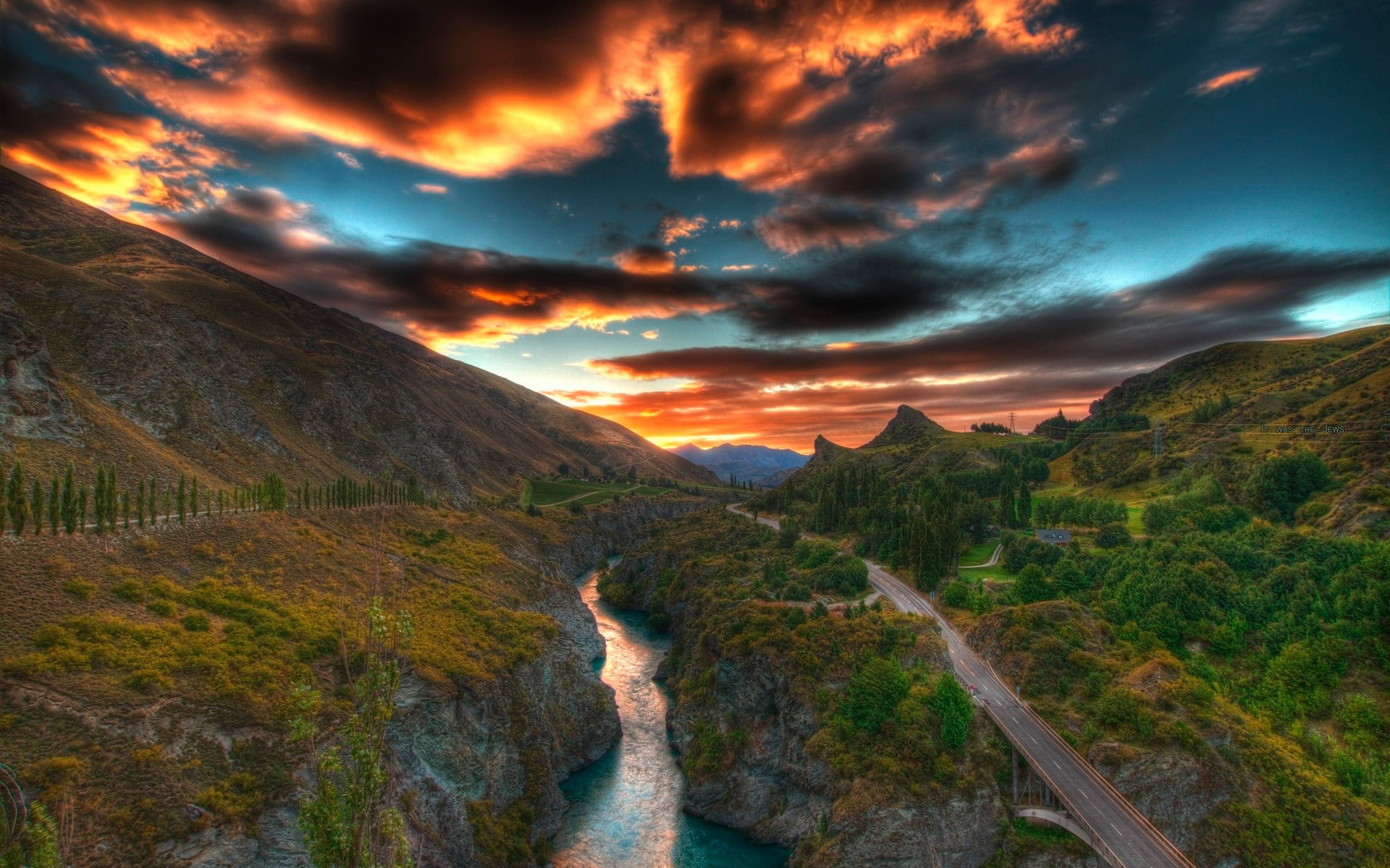 nature, 1080P, HDR, sunset, road, landscape, river, HD Wallpaper