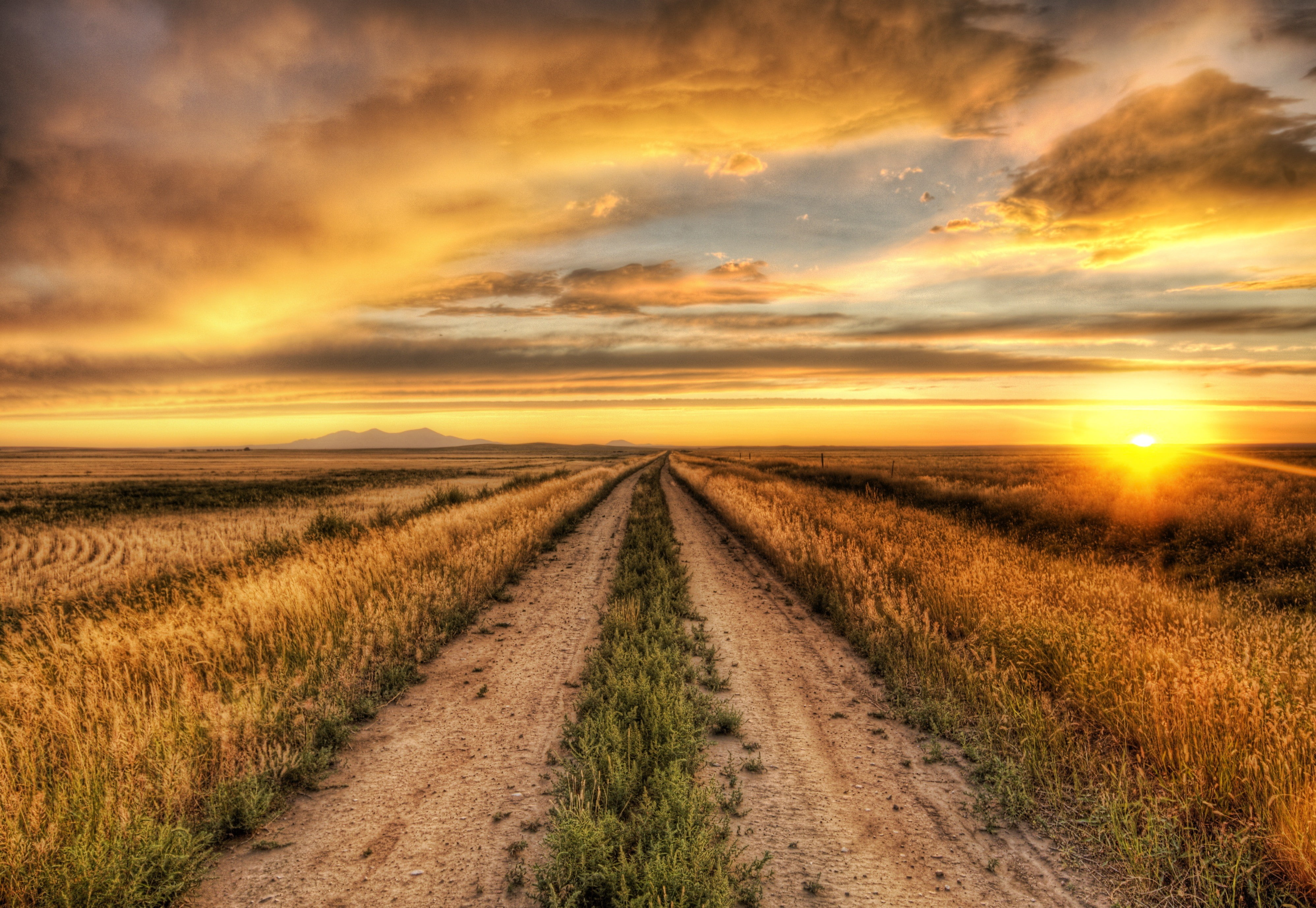 sky, HDR, sunset, clouds, nature, road, 4K, sunlight, HD Wallpaper
