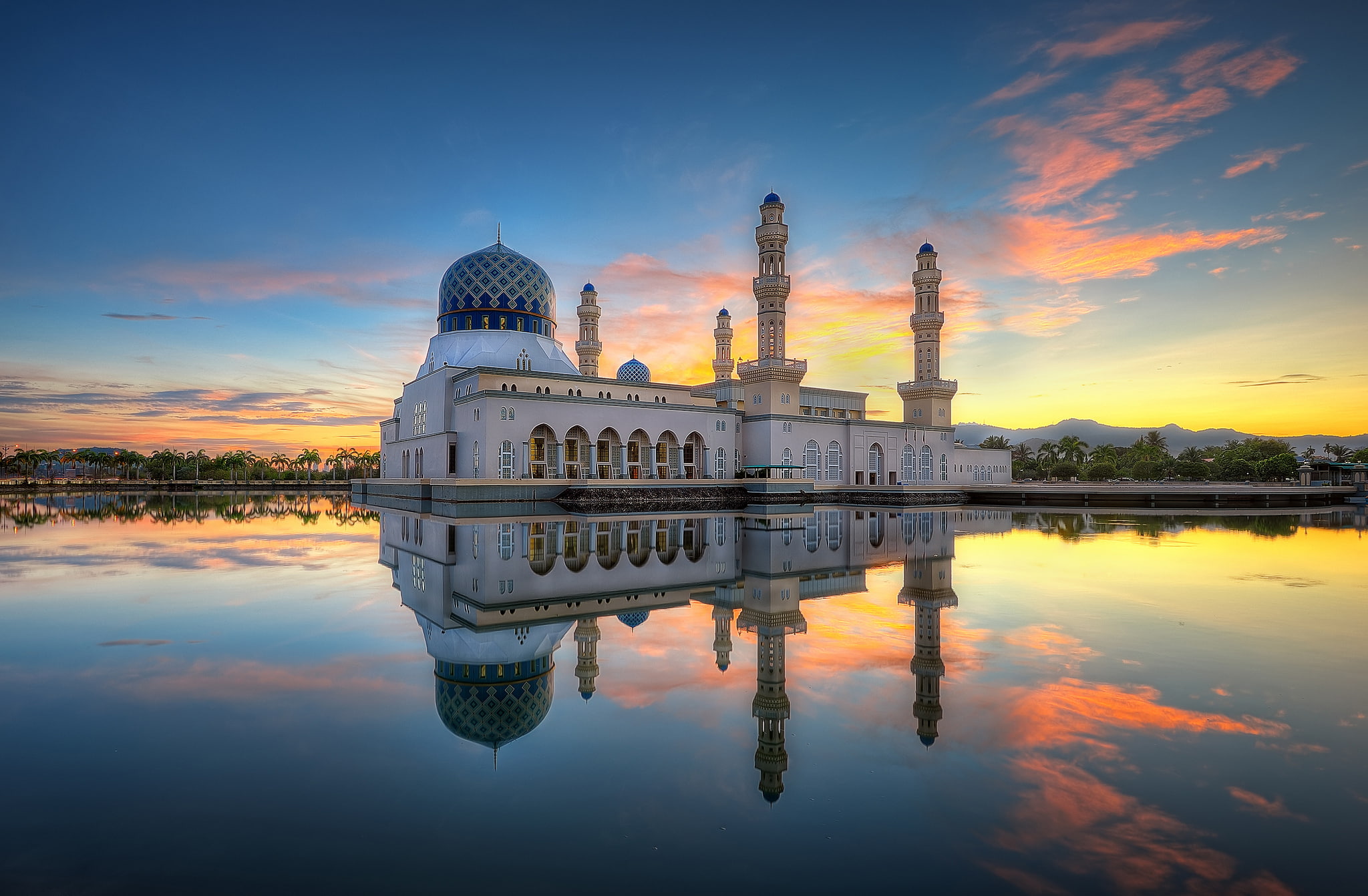 mirror, clouds, Malaysia, reflection, 1080P, Kota Kinabalu city Mosque, sand road, morning, Likas Bay, Sabah, the Likas mosque, HD Wallpaper