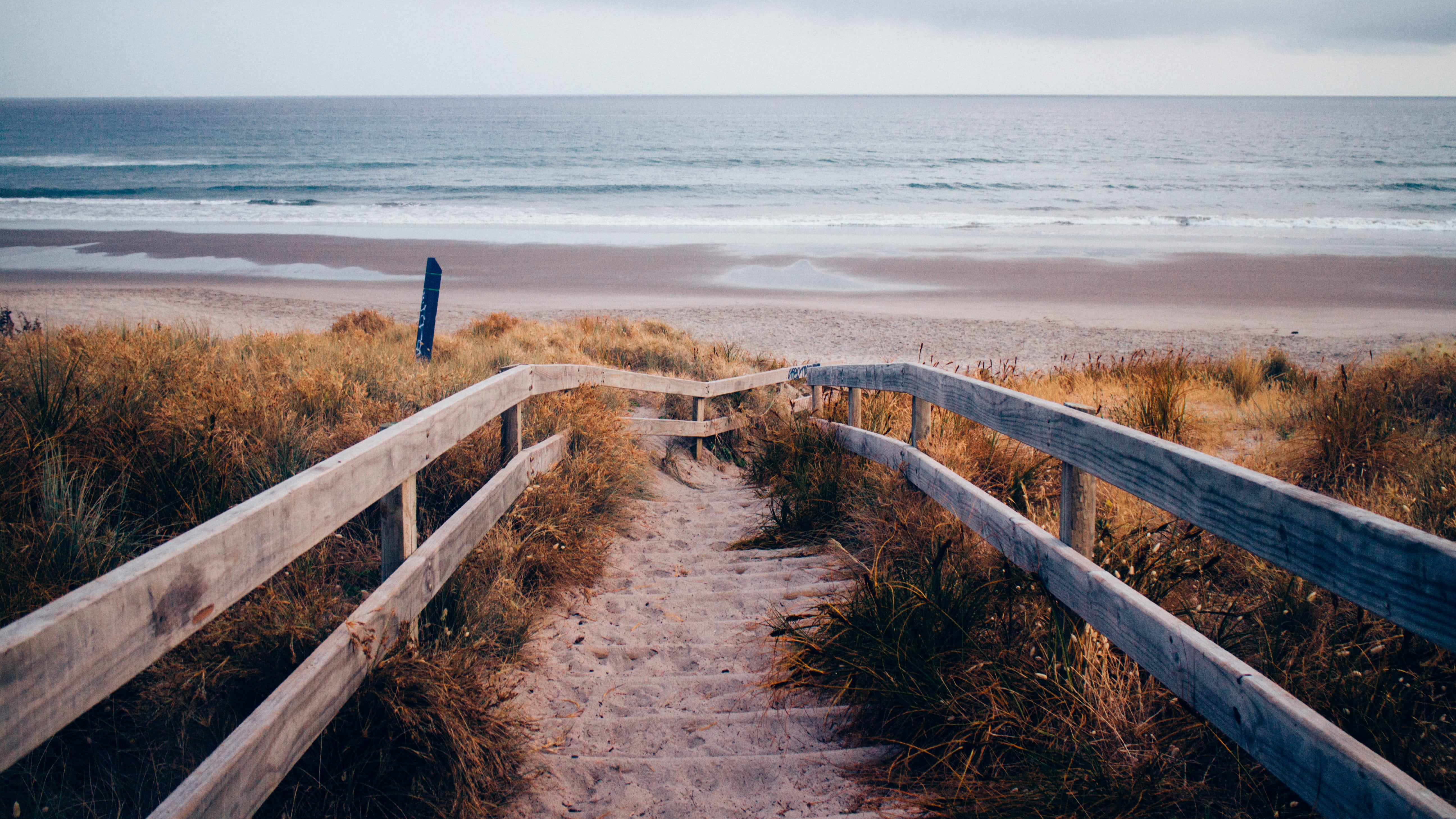 plant, railing, horizon over water, water, path, beauty in nature, 5K, nature, sea, stairs, sky, horizon, tranquil scene, no people, surrounded, sand, HD Wallpaper