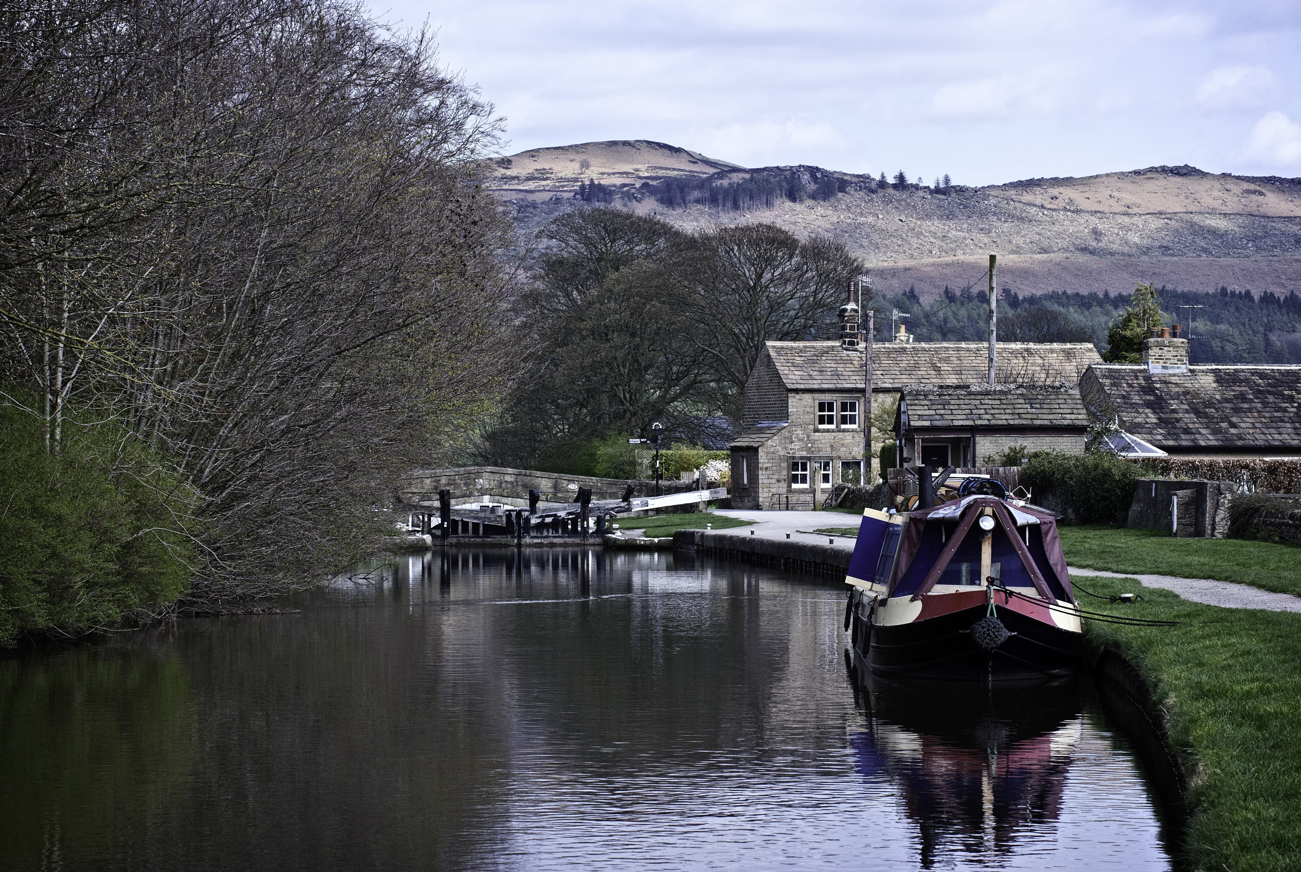 canal, sky, bridge, building exterior, tree, plant, mountain, lock, day, river, nautical vessel, water, longboat, narrowboats, travel, bridge - man made structure, HD Wallpaper