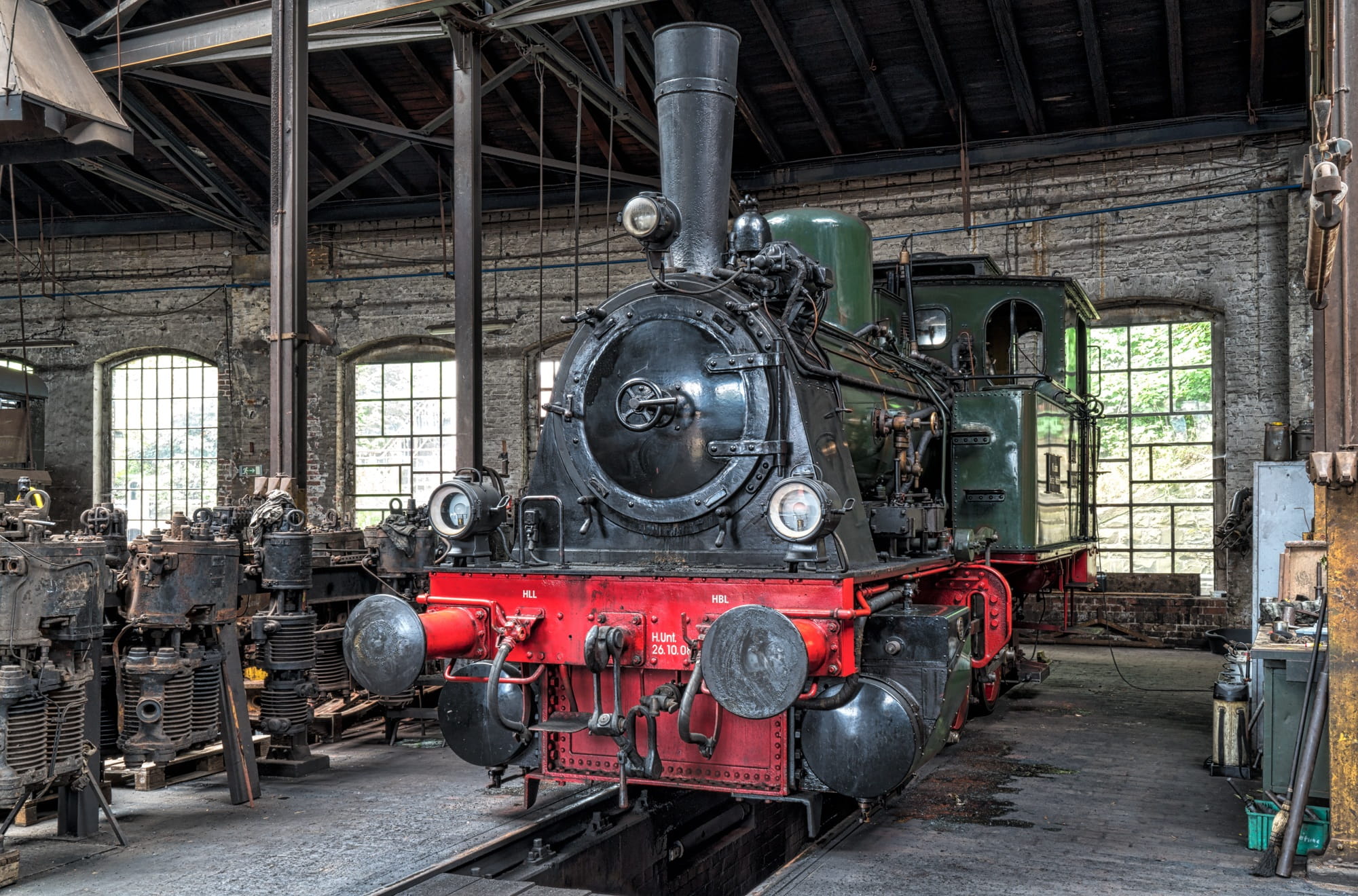 train - vehicle, rail transportation, transportation, industry, Steam Locomotive, steam railway, train, track, no people, machinery, indoors, 1080P, day, HD Wallpaper