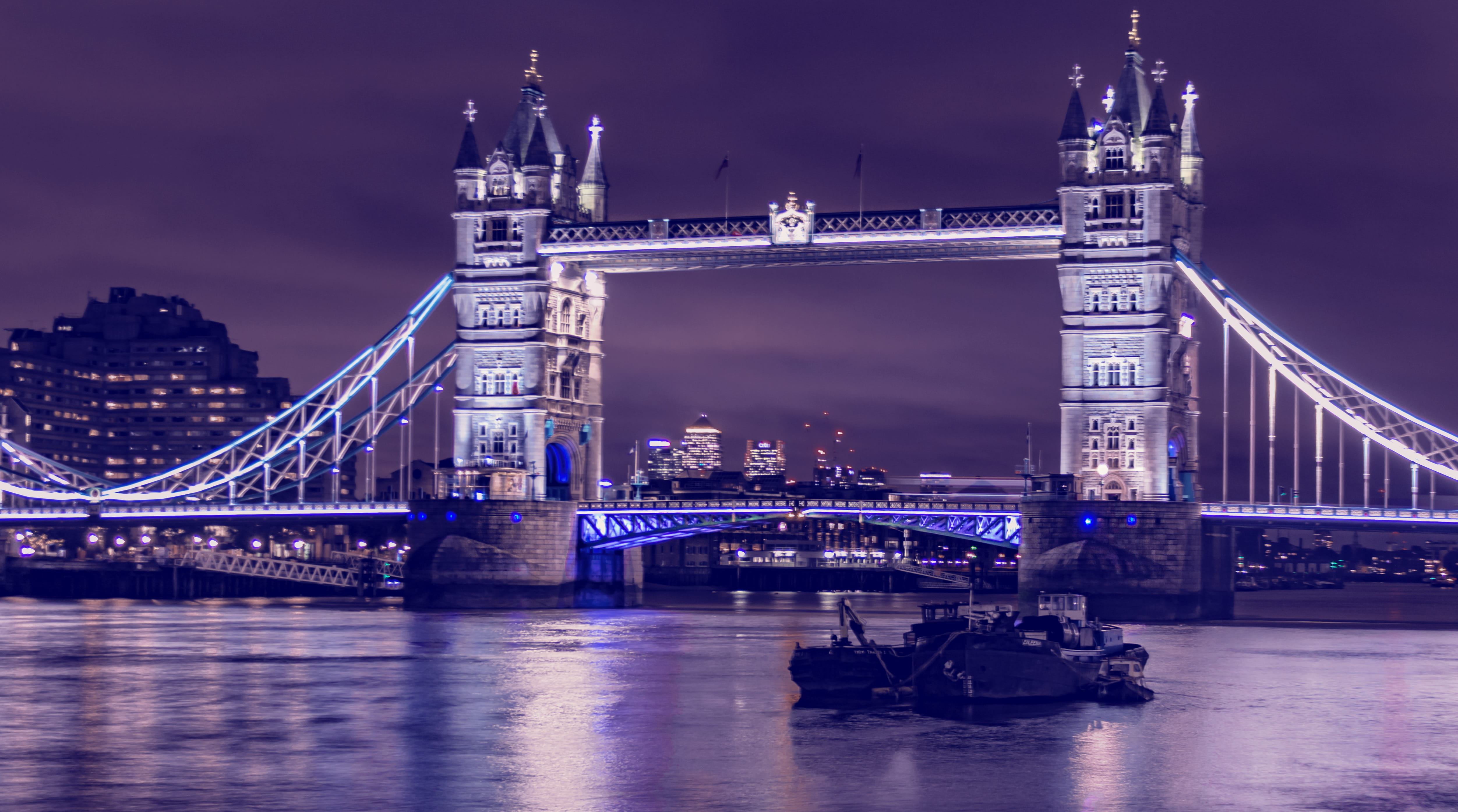 uk, england, built structure, bridge - man made structure, outdoors, no people, 4K, london, transportation, purple, bridge, building exterior, tower, river, HD Wallpaper