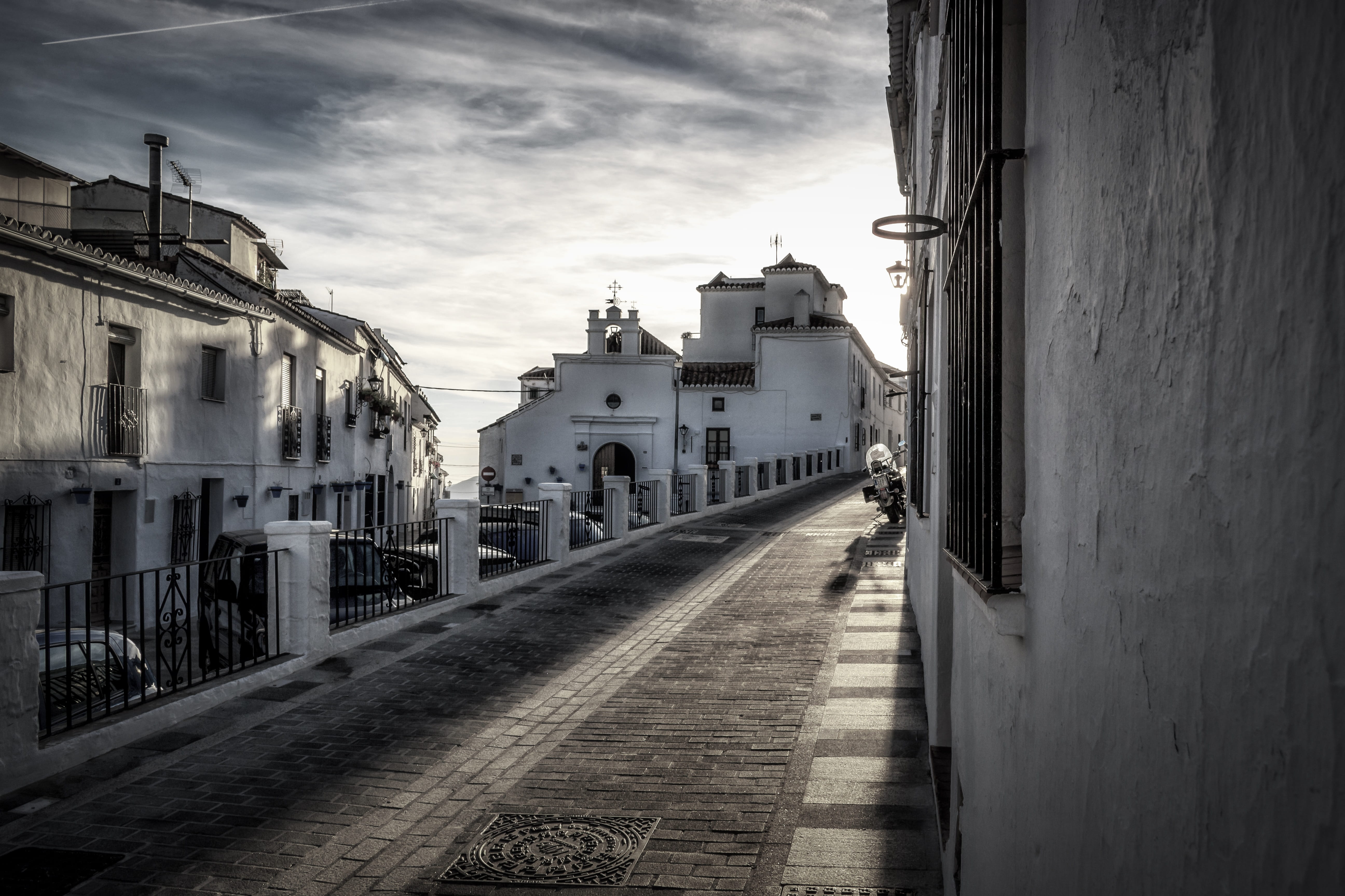 andalucia, empty, alley, mediterranean, Mijas, road, photography, the way forward, outdoors, architecture, cloud - sky, Andalusia, direction, landmark, HD Wallpaper