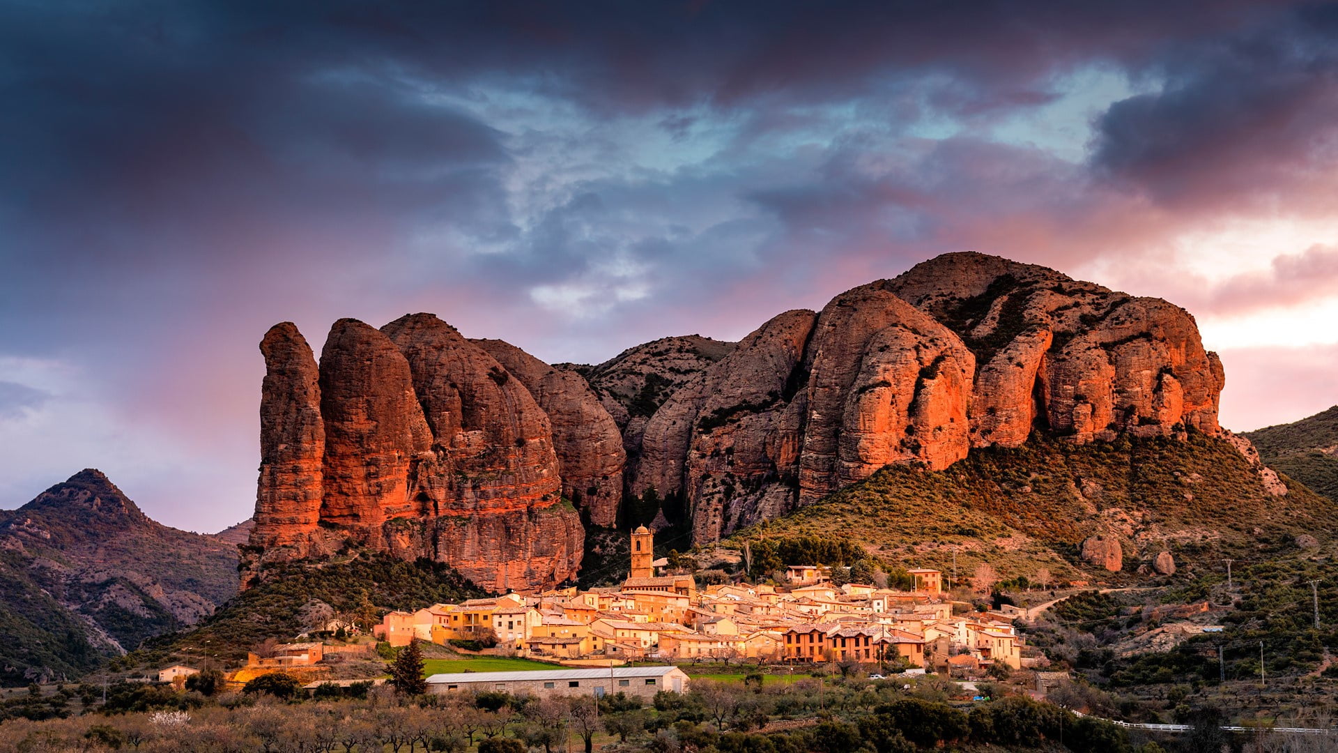 the city, mountains, Aguero village, Mallos de Agüero, Huesca province, Spain, 1080P, HD Wallpaper