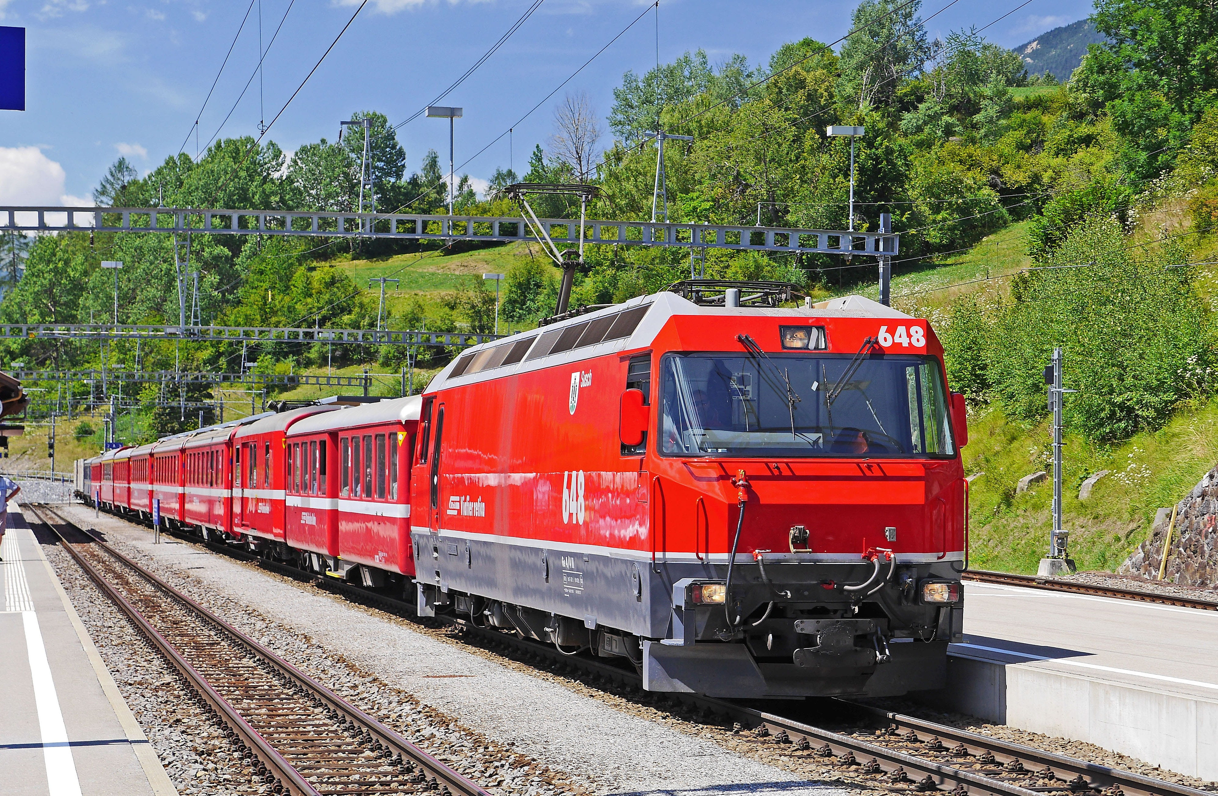 rhaetian railways, track, all year round, electric locomotive, rail transportation, rhb, travel, world heritage, diplomatic traffic, regional train, railroad car, HD Wallpaper