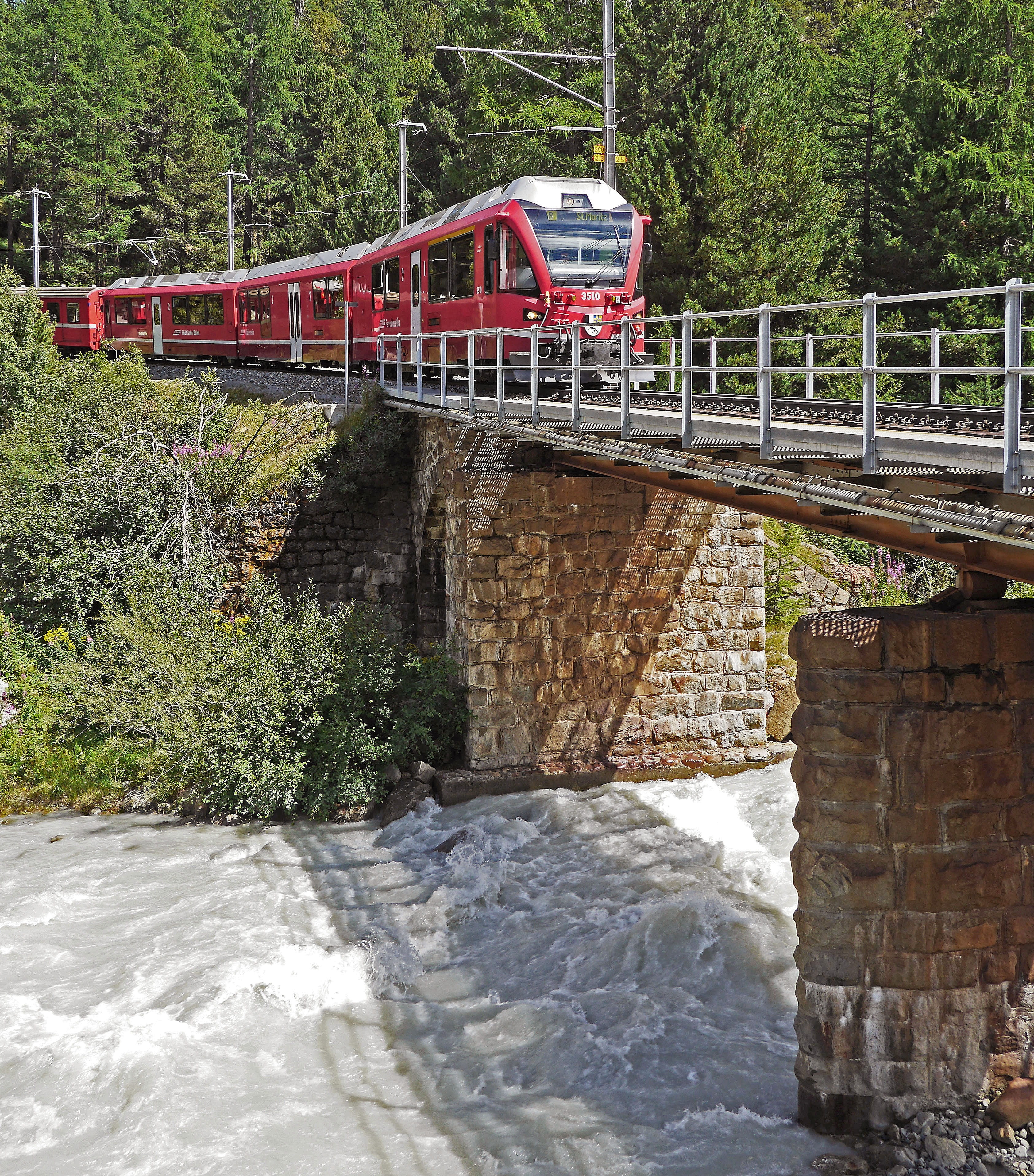 Bridge, regional train, alpine, southeast switzerland, Switzerland, bridge, all year round, bernina, ferrovia retica, connection, train, electric locomotive, Phone HD Wallpaper