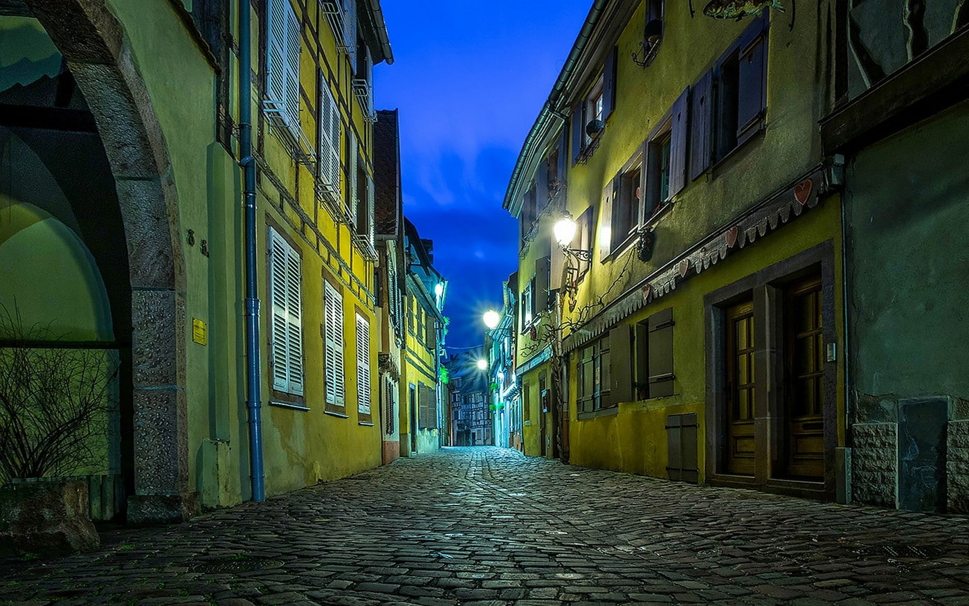 cobblestone, city, france, urban, 720P, lights, 1400x875, strasbourg, evening, street, architecture, HD Wallpaper