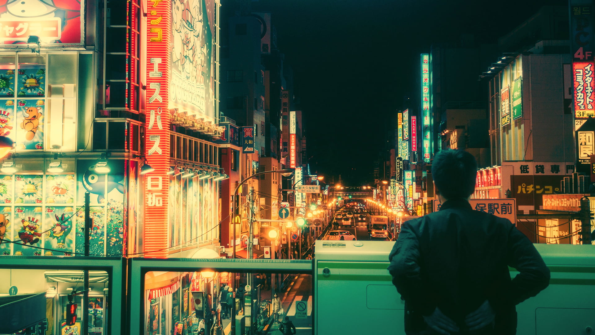 outdoors, standing, Tokyo, leather, jacket, lifestyles, s, leisure activity, one person, rear view, black, night, city life, real people, neon, 1080P, HD Wallpaper