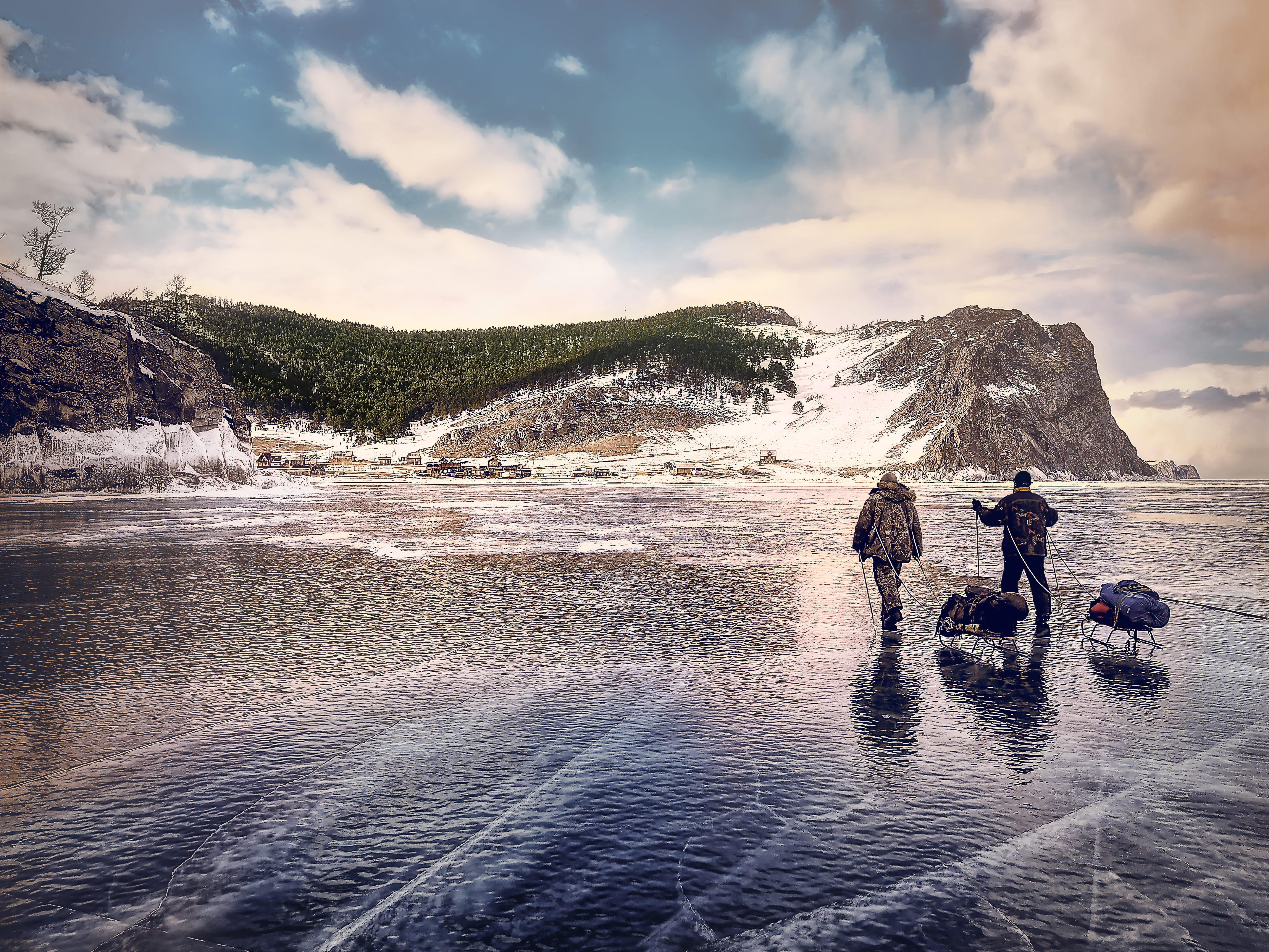 cloud - sky, scenics - nature, real people, people, landscape, 5K, mountains, sea, outdoors, walking, snow, women, frozen lake, lifestyles, sky, water, HD Wallpaper