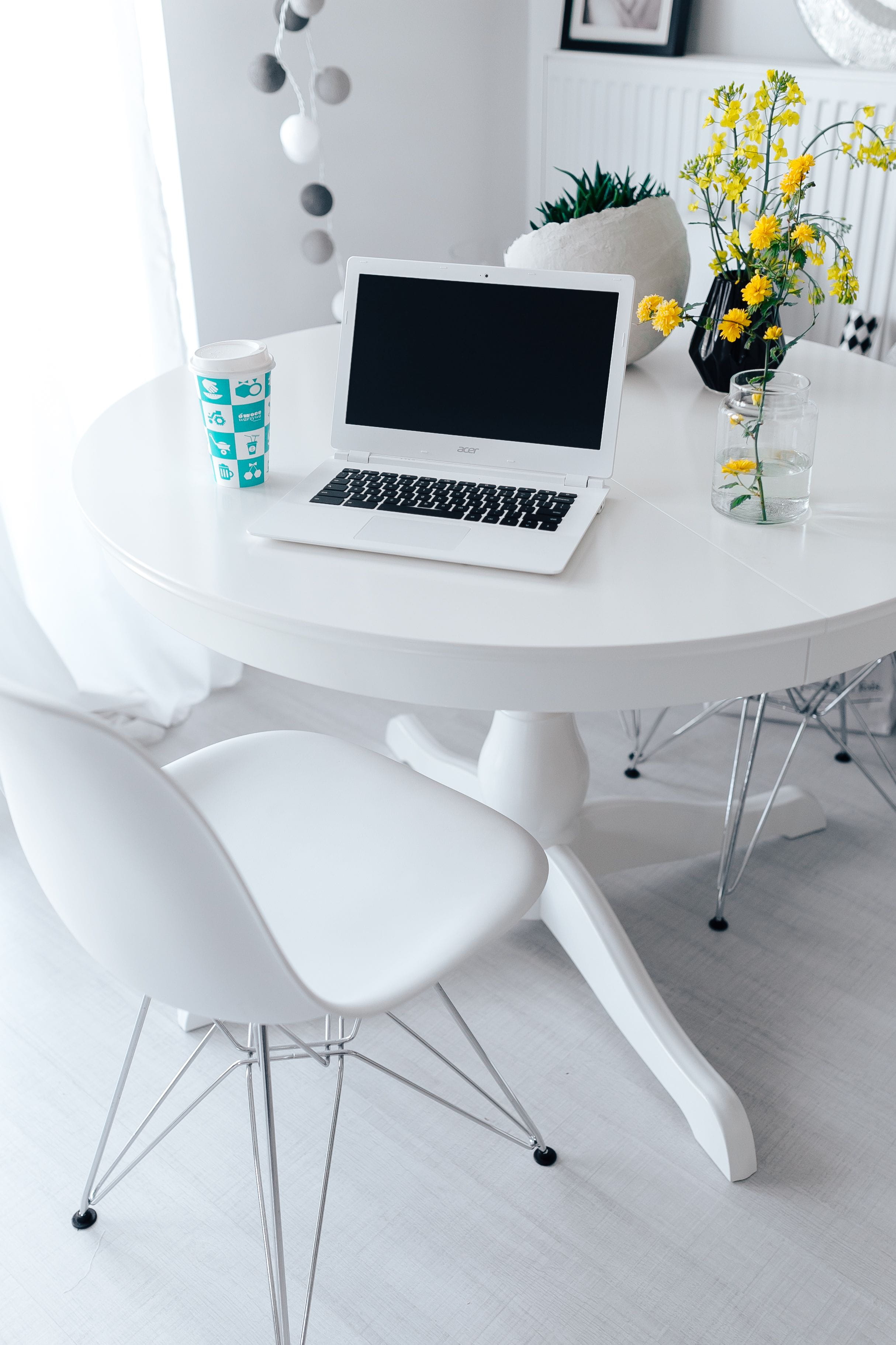 technology, table, white, flower, furniture, workspace, chair, laptop, high angle view, wireless technology, home office, communication, minimalist, minimal, Phone HD Wallpaper