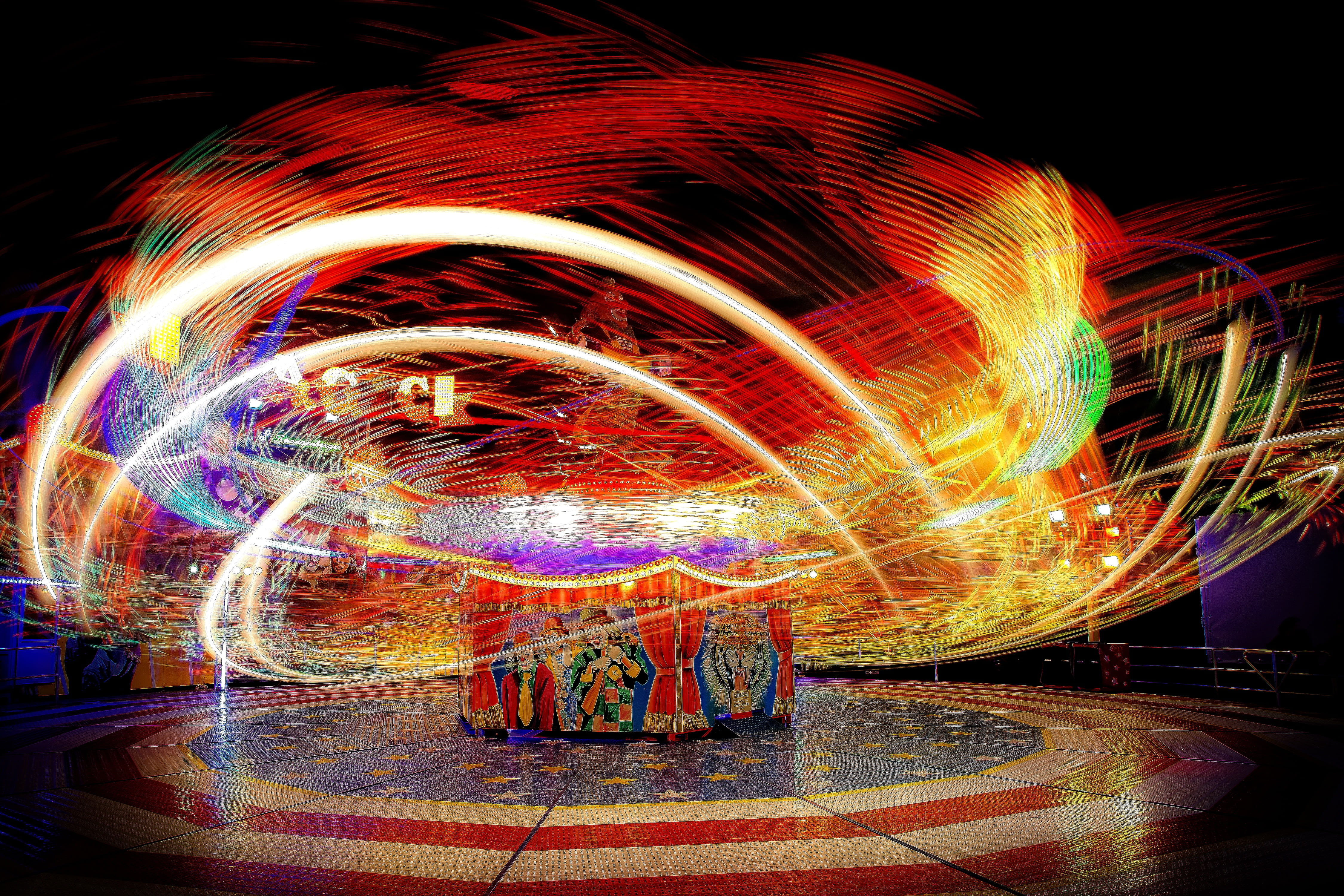 action, light, abstract, carousel, movement, speed, amusement park, 4K, circles, year market, night photograph, time, illuminated, architecture, fun, glowing, HD Wallpaper
