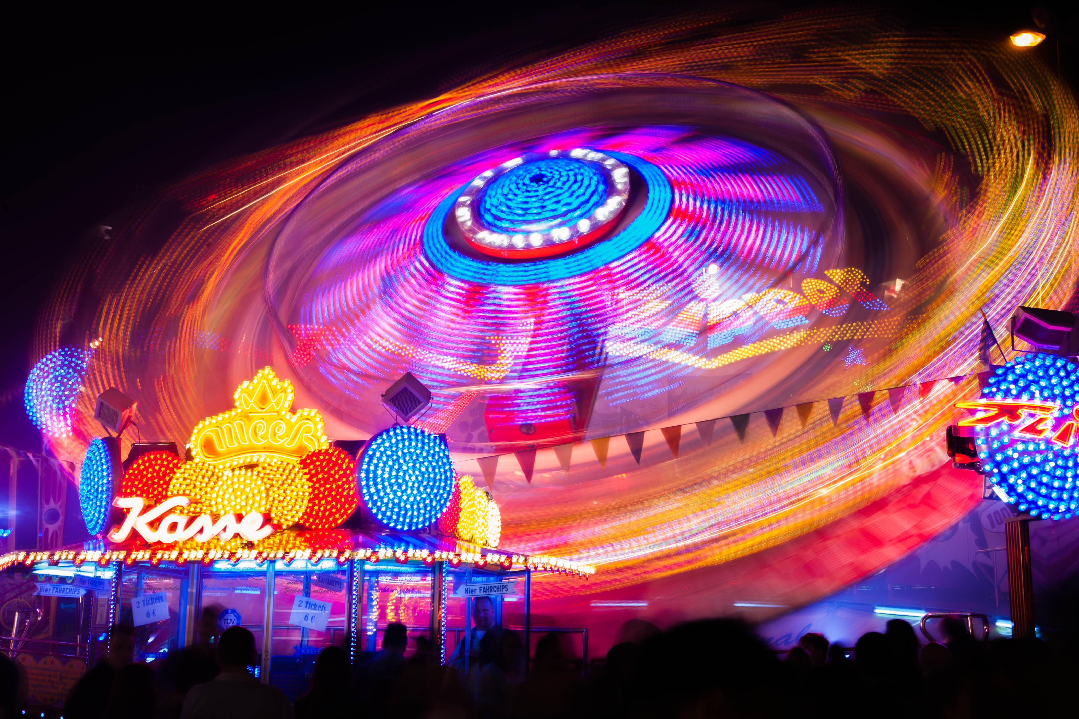 multicolored, carnival, spinning, illuminated, carousel, fair, lighting Equipment, lights, fun, multi colored, night, amusement park, red, long exposure, HD Wallpaper