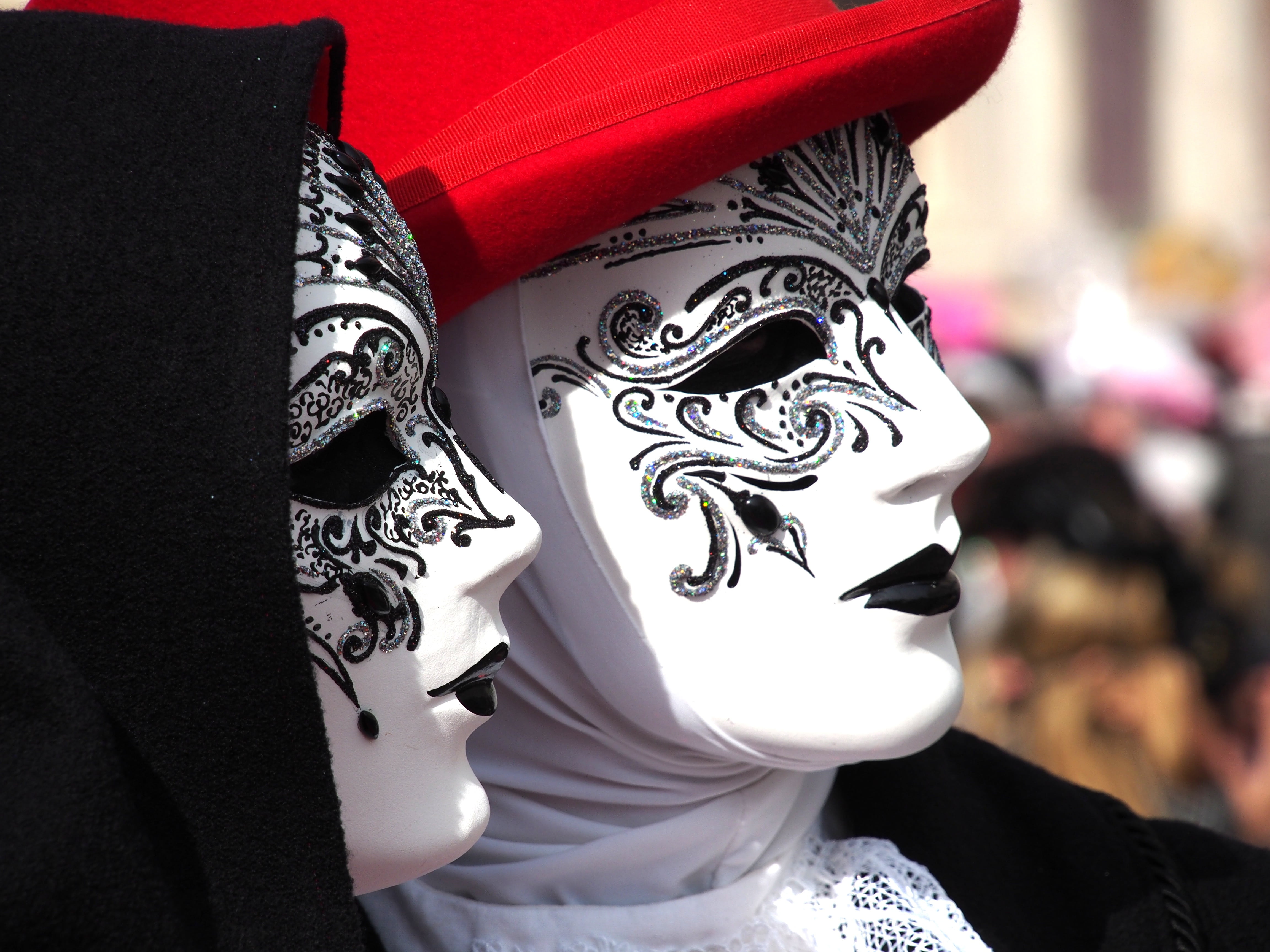 mask, art and craft, two, representation, panel, venice, masquerade, masks, human body part, people, focus on foreground, close-up, carnival, creativity, HD Wallpaper