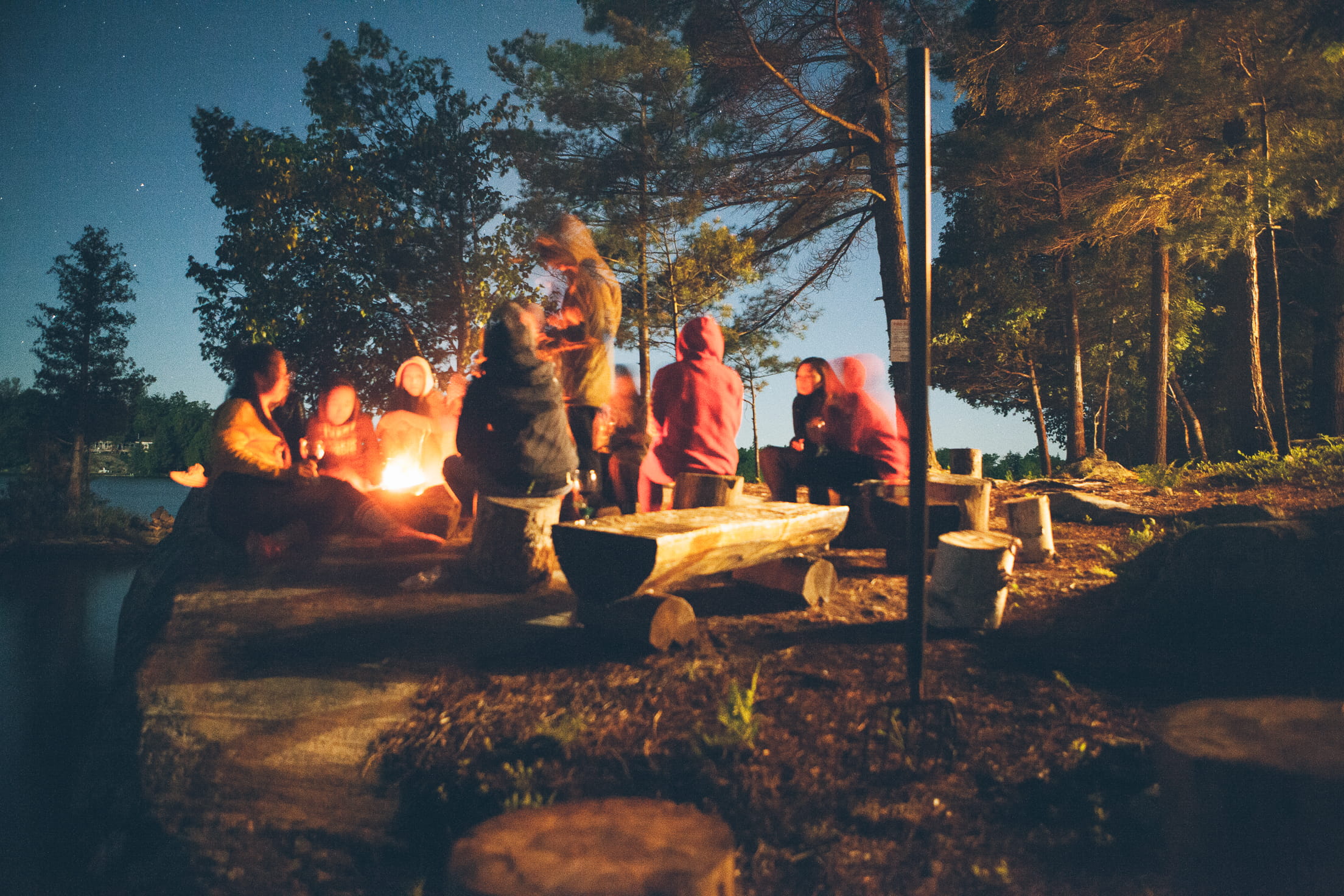 food and drink, talking, people, trees, firewood, camping, men, night, wood - material, group, nighttime, heat - Temperature, bonfire, plant, lake, forest, HD Wallpaper