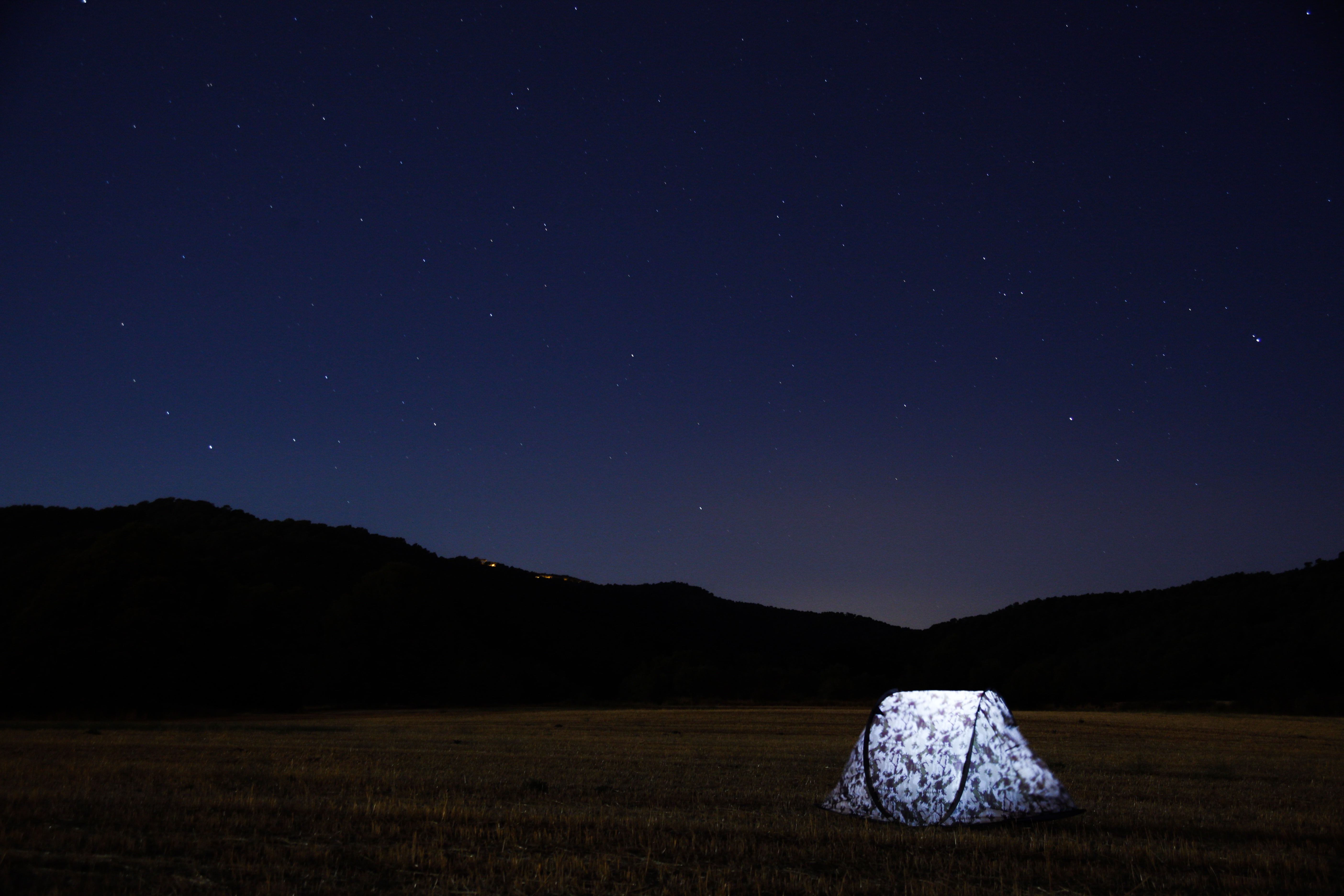 camping, landscape, beauty in nature, sky, camp, space, blue, travel, illuminated, field, dome, forest, land, nature, nighttime, 5K, night, scenics - nature, HD Wallpaper