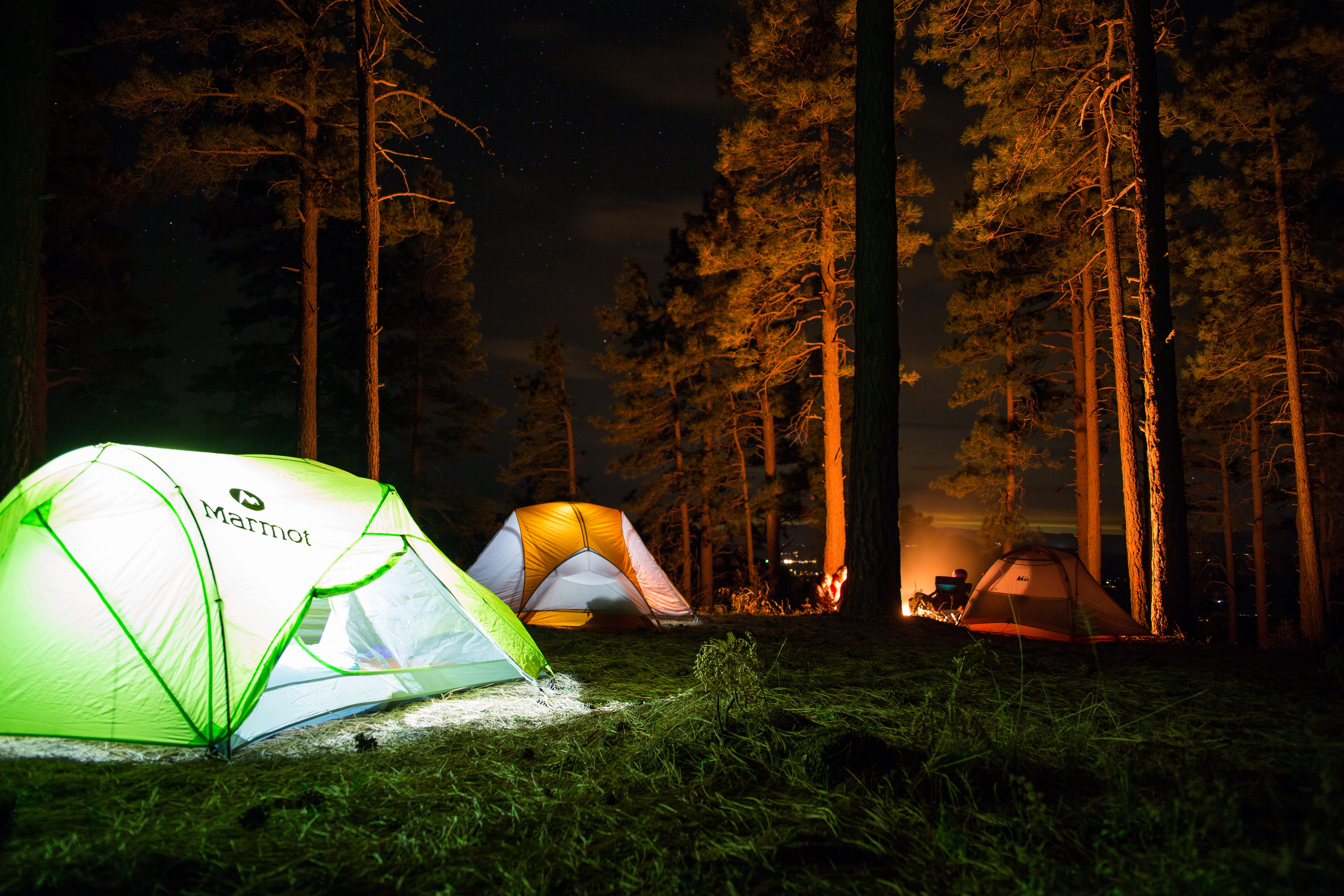 land, night, outdoors, tent, nature, vacations, grass, campfire, people, tranquility, tree, trip, field, camp, illuminated, lights, landscape, holiday, HD Wallpaper