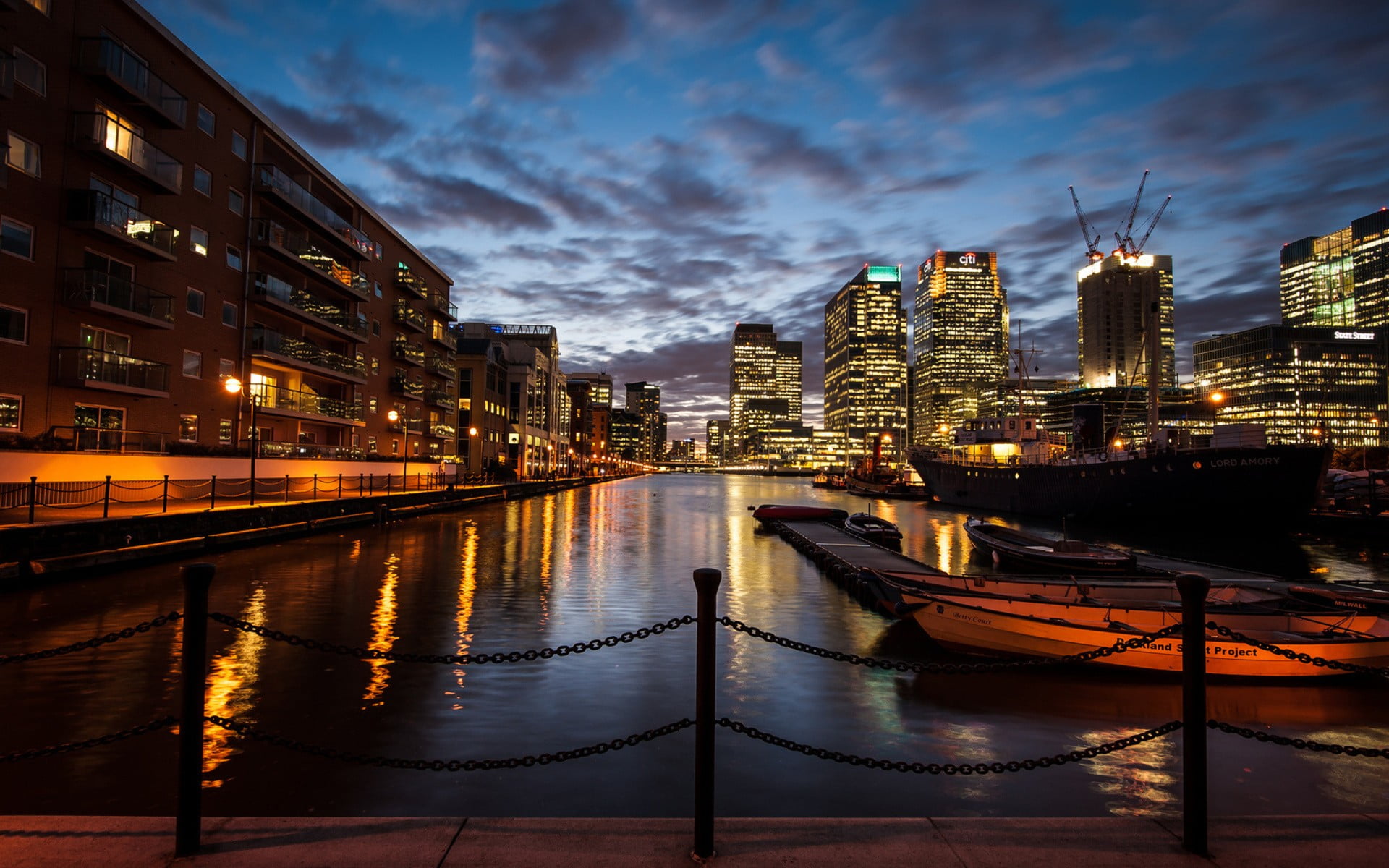reflection, cloud - sky, dusk, modern, cityscape, building exterior, architecture, canary wharf, nautical vessel, outdoors, sky, illuminated, transportation, HD Wallpaper