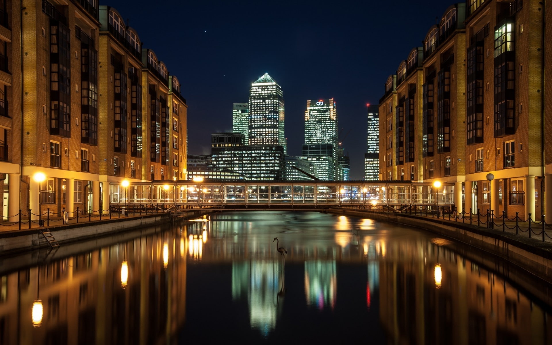 wharf, 1080P, uk, canary, view, Canary Wharf, river, london, lights, HD Wallpaper
