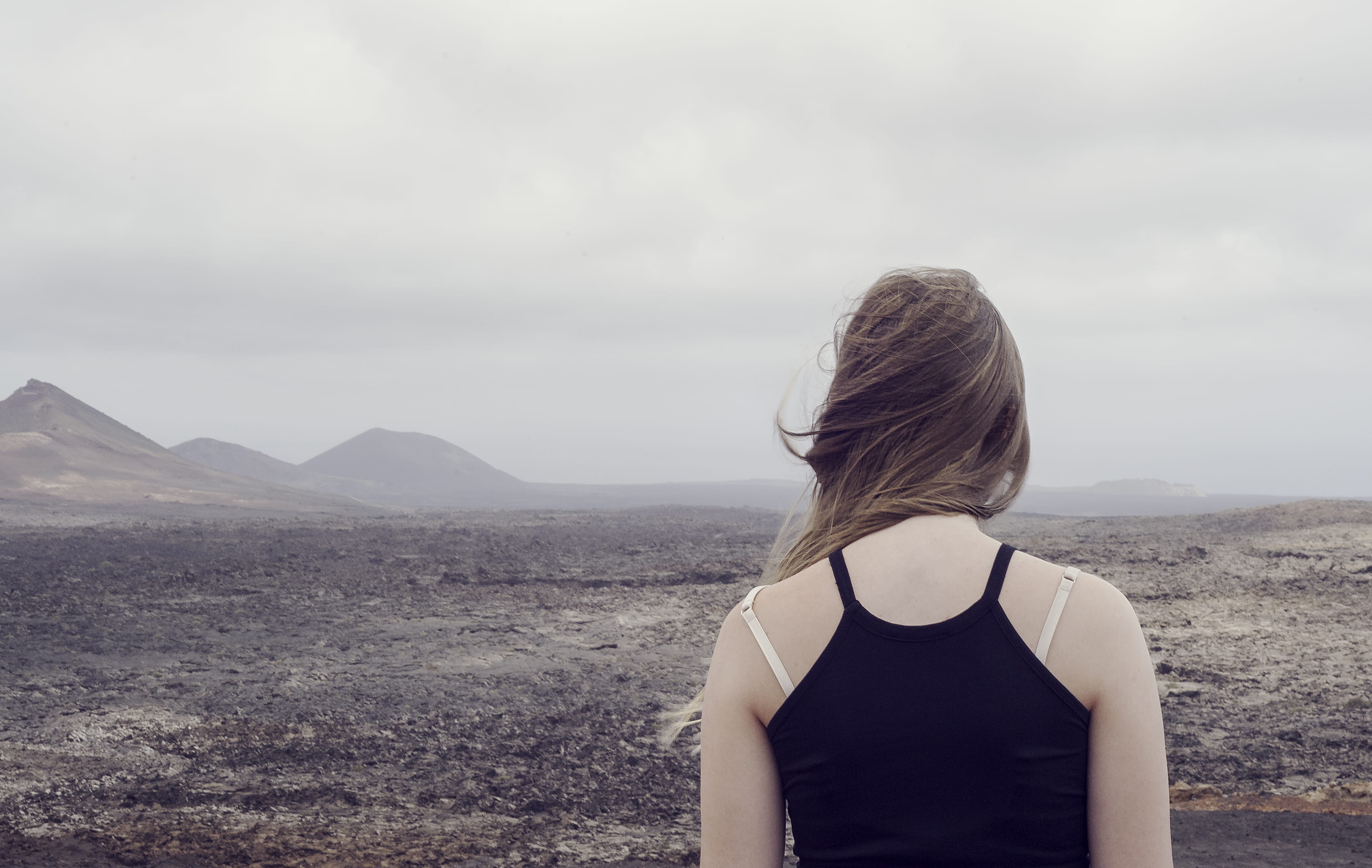 adult, girl, leisure activity, lifestyles, day, hairstyle, timanfaya national park, rear view, spain, one person, long hair, tranquil scene, women, view, HD Wallpaper