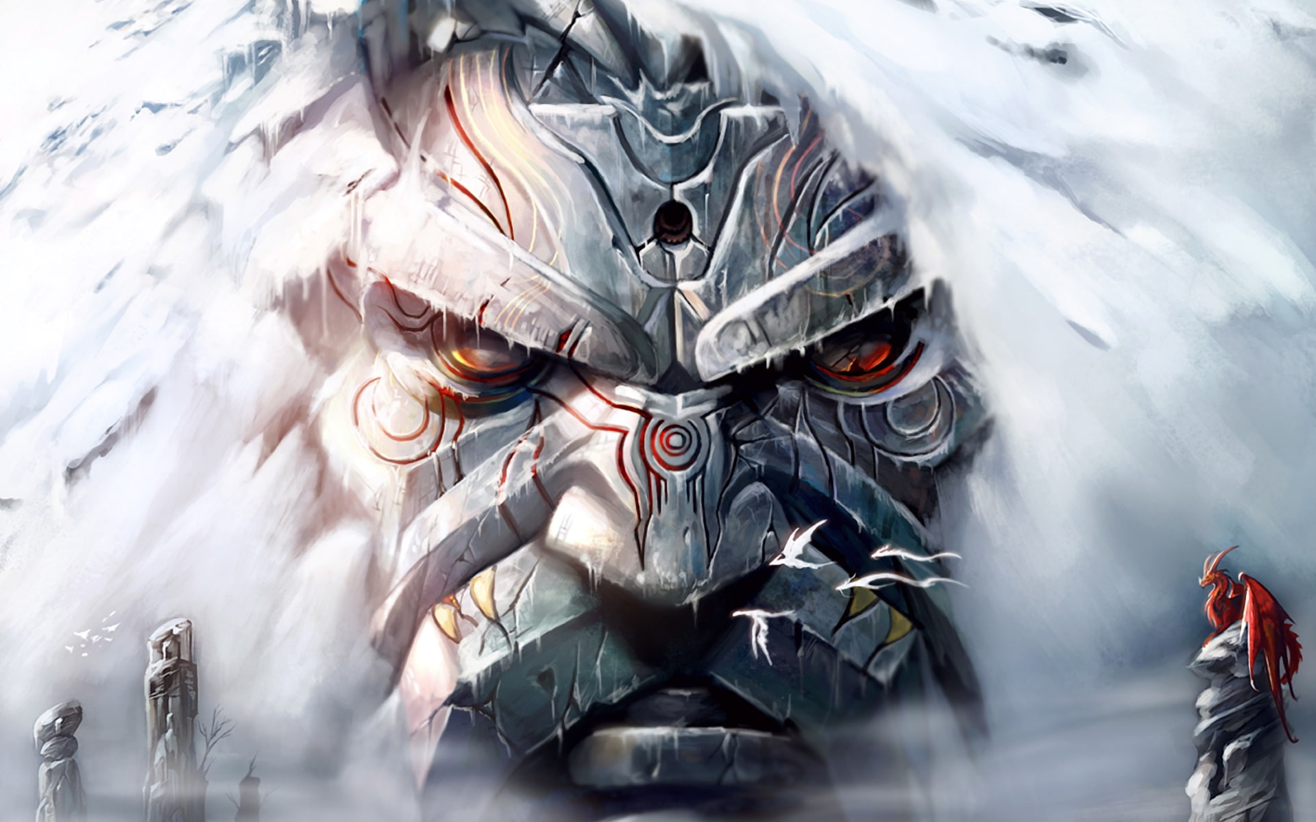 face, rock, runes, 1080P, Art, dragon, the guardian, snow, HD Wallpaper