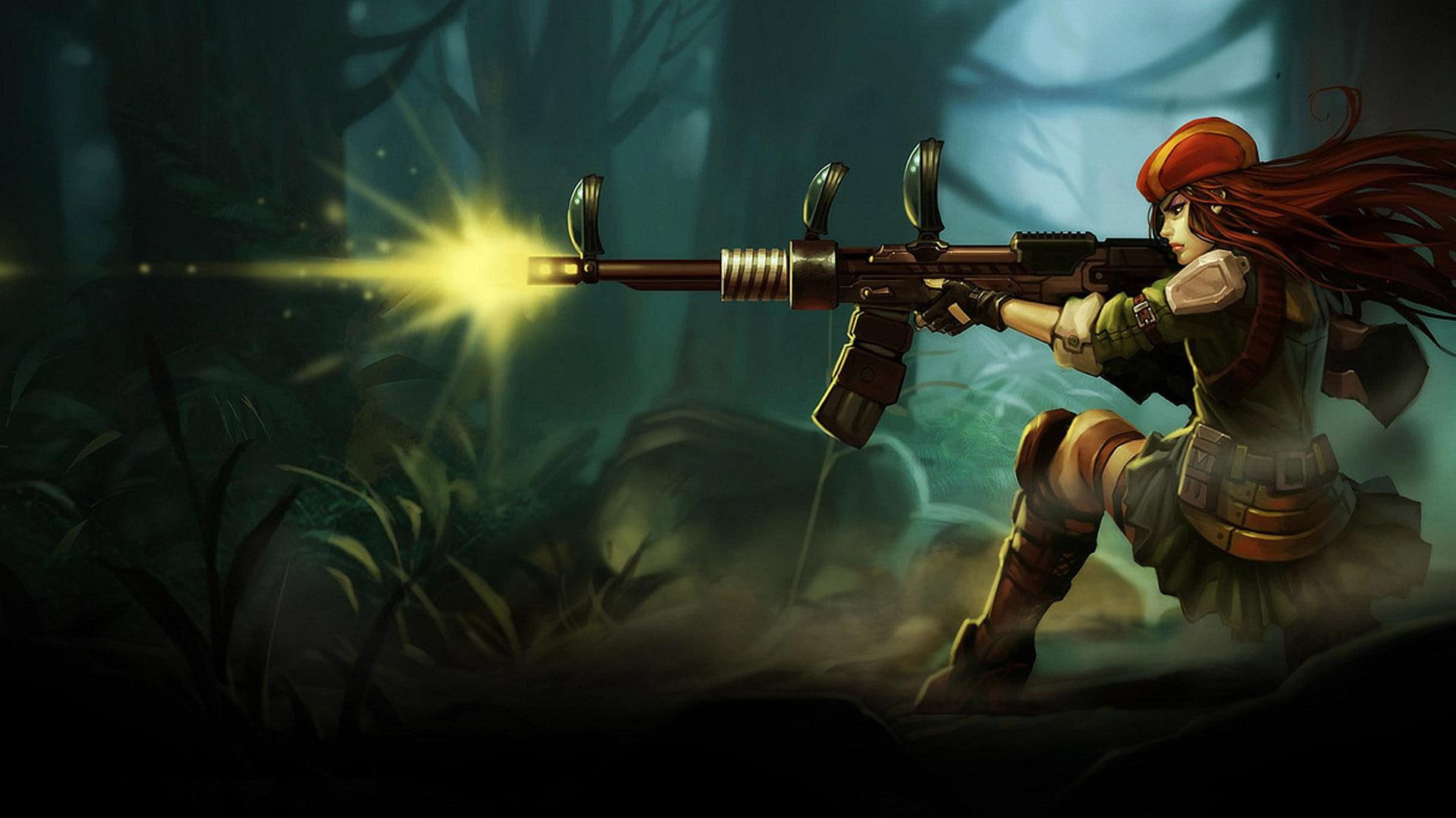 female, 1080P, illustration, games, animated, red, soldier, miss, miss fortune, rifle, fortune, league, firing, league of legends, haired, 1920x1080, legends, HD Wallpaper