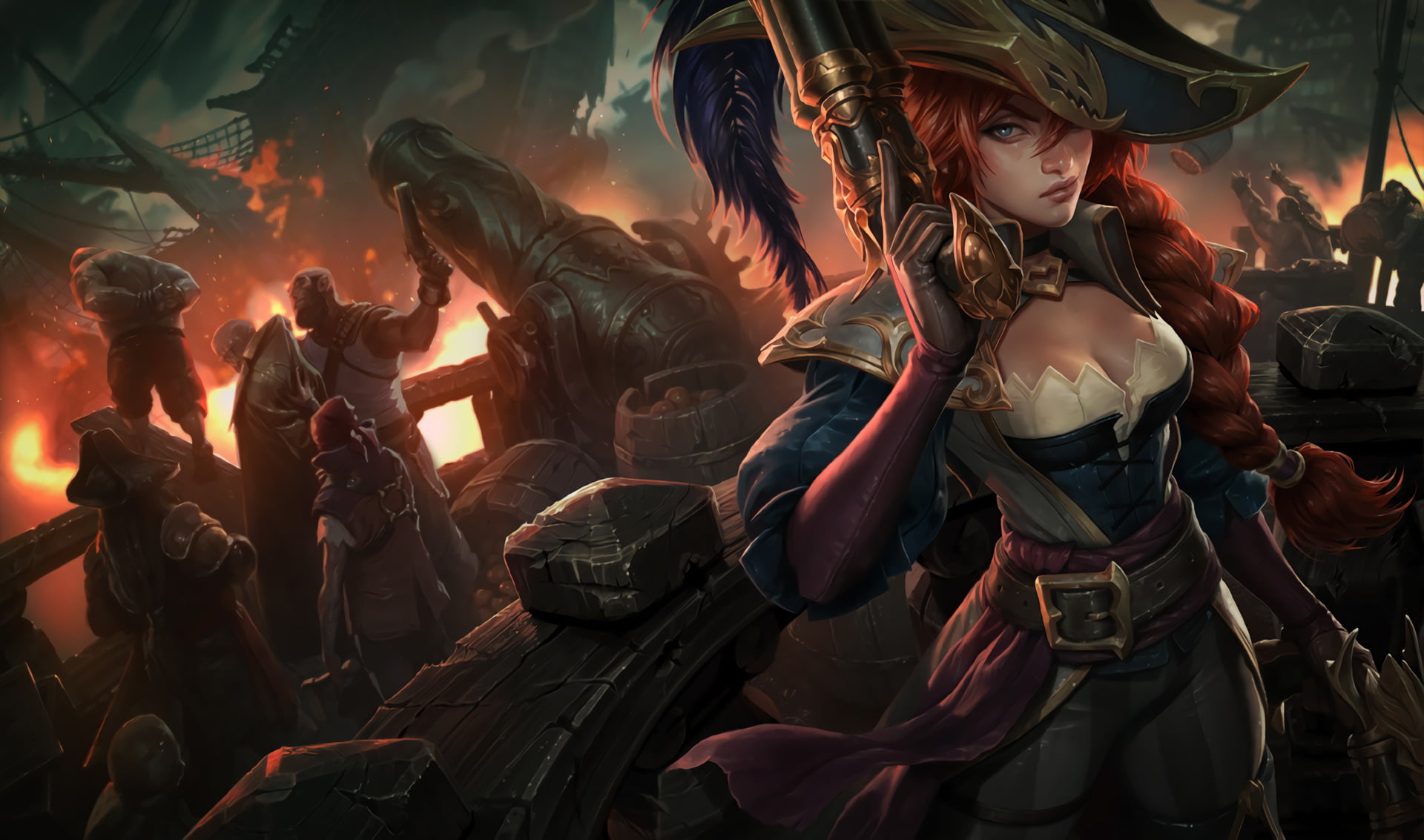 clothing, Fire, adult, Miss Fortune (League Of Legends), holding, event, standing, Dark, performance, men, real people, illustration, 1080P, Ship, human arm, HD Wallpaper