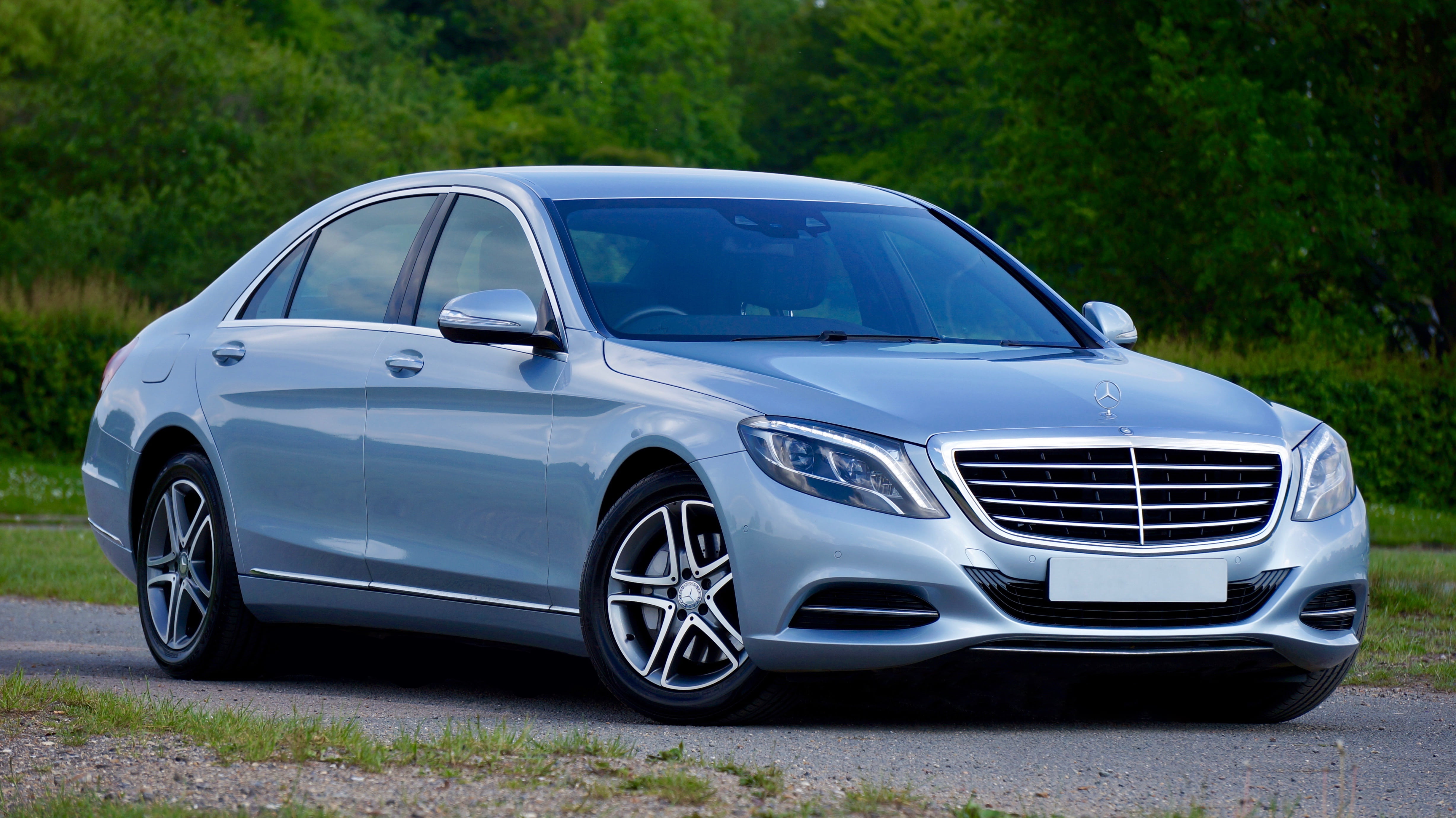 sedan, car, shiny, reflection, vehicle, lamp, silver - metal, metal, equipment, motor vehicle, nature, 4K, benz, near, light, headlight, transportation, HD Wallpaper