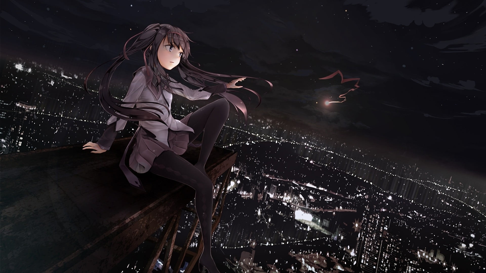 motion, Akemi Homura, night, anime, real people, celebration, hairstyle, young adult, adult, winter, anime girls, low angle view, nature, beautiful woman, HD Wallpaper