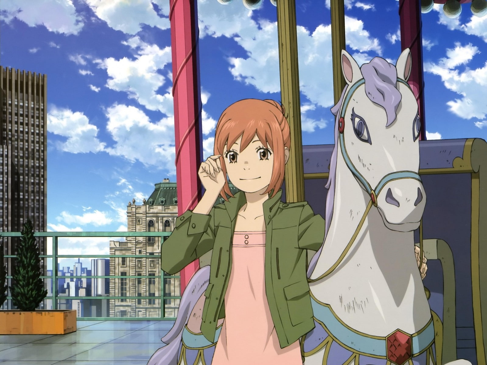 amusement park ride, built structure, 720P, anime girls, horse, building exterior, cloud - sky, representation, building, sunlight, leisure activity, day, HD Wallpaper