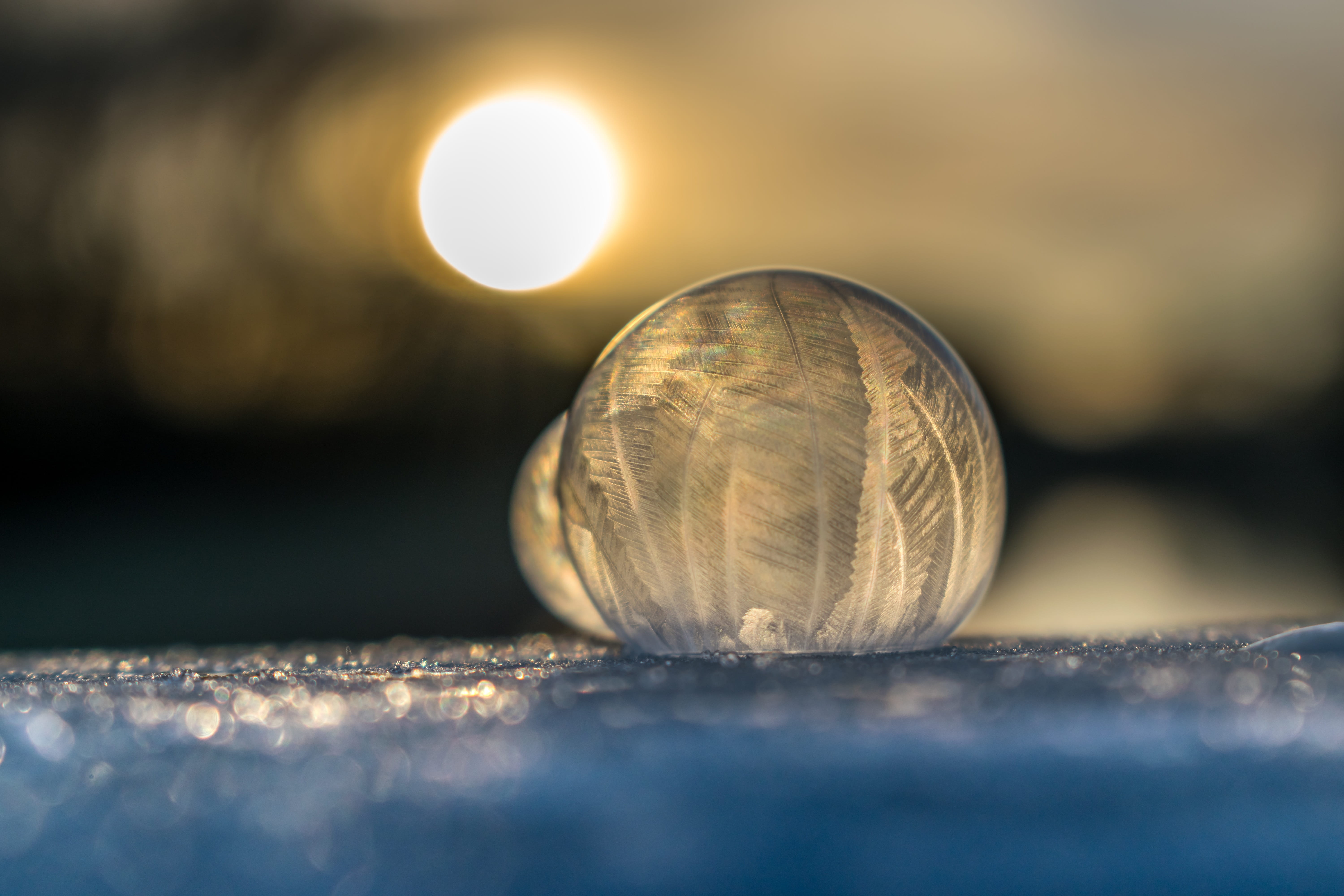 reflection, ice, icy cold, crystal growth, ze, cold, surface level, ball, Soap Bubble, Winter, sun, selective focus, sphere, frost, outdoors, single object, HD Wallpaper