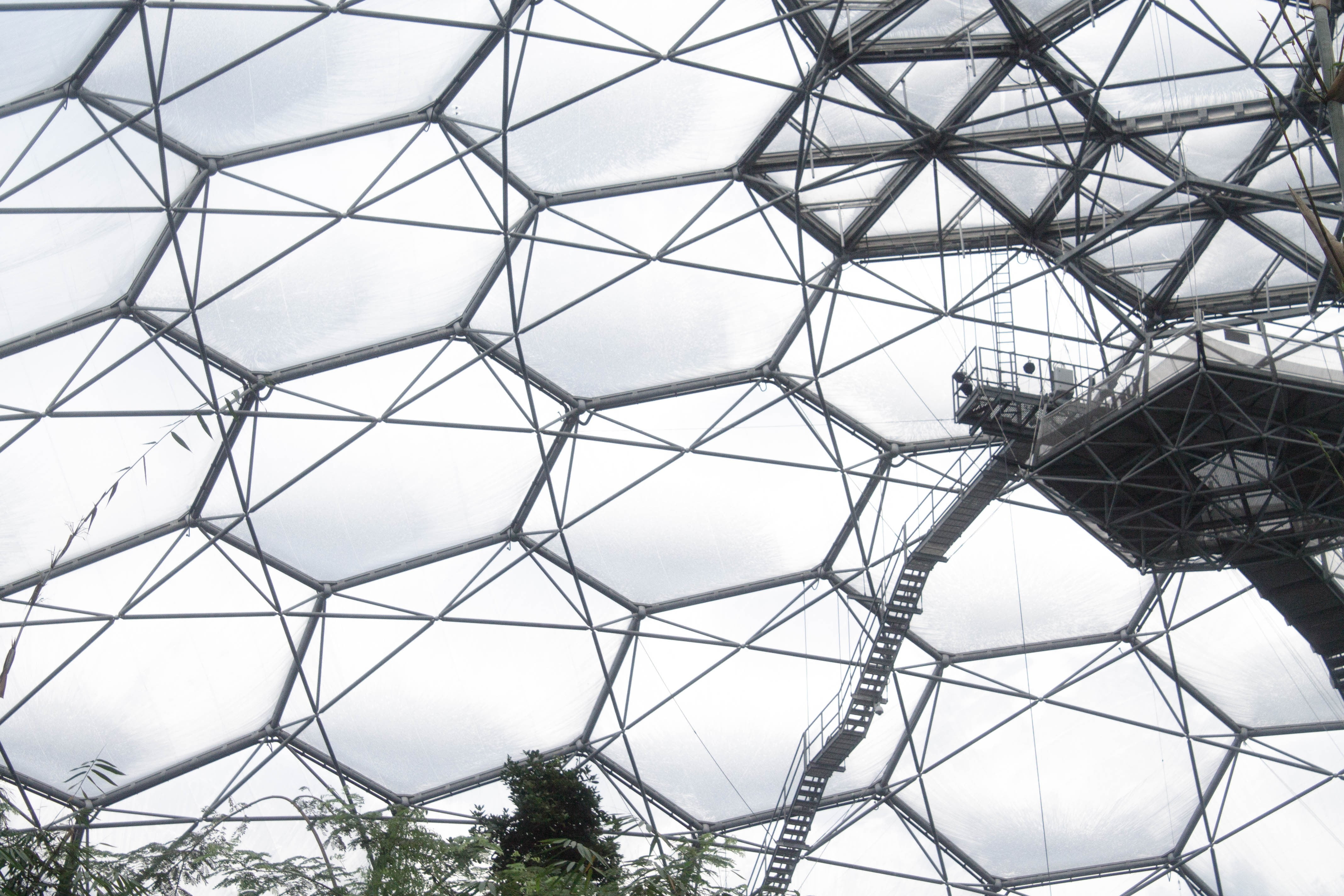 Photoshop, building exterior, stair, shape, 4K, sky, metal, nature, the eden project, architectural feature, backgrounds, low angle view, design, landscape, HD Wallpaper