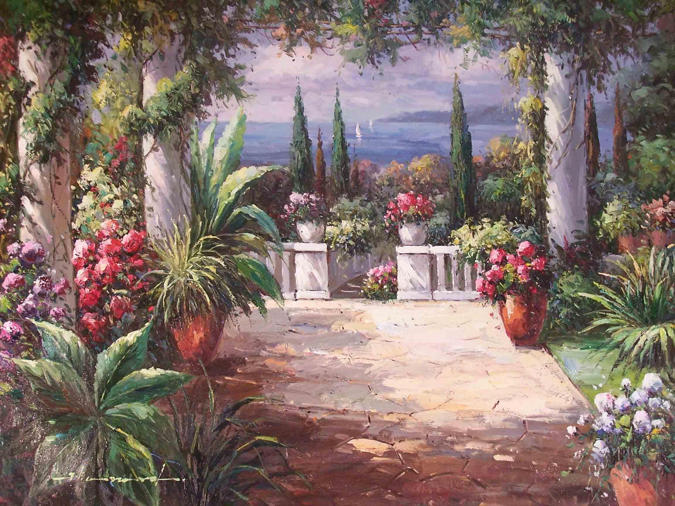 garden, awakening, pots, morning, floral, painting, view, flowers, scenic, 3d and abstract, vines, eden, pillars, flower, courtyard, 1080P, planters, HD Wallpaper